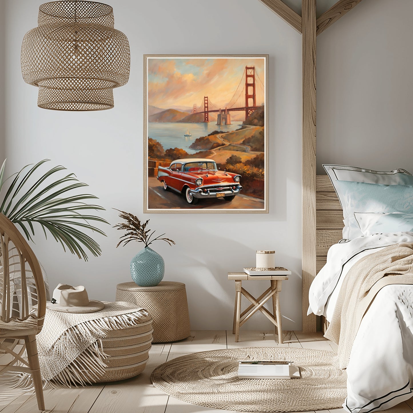 Scenic sunset landscape painting of Golden Gate Bridge with vintage car in cozy modern bedroom