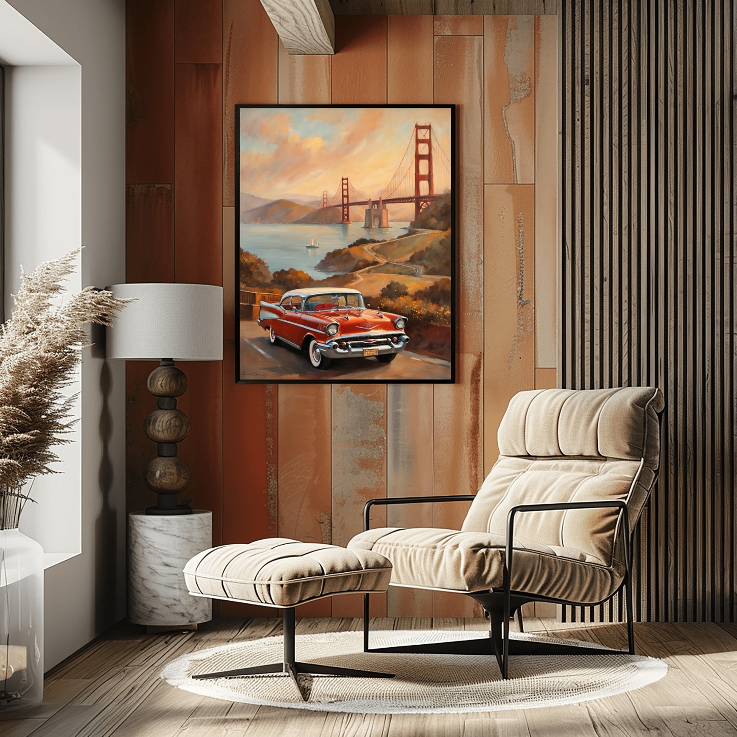 AquilVision scenic sunset landscape painting featuring a classic red car and Golden Gate Bridge in cozy modern living room