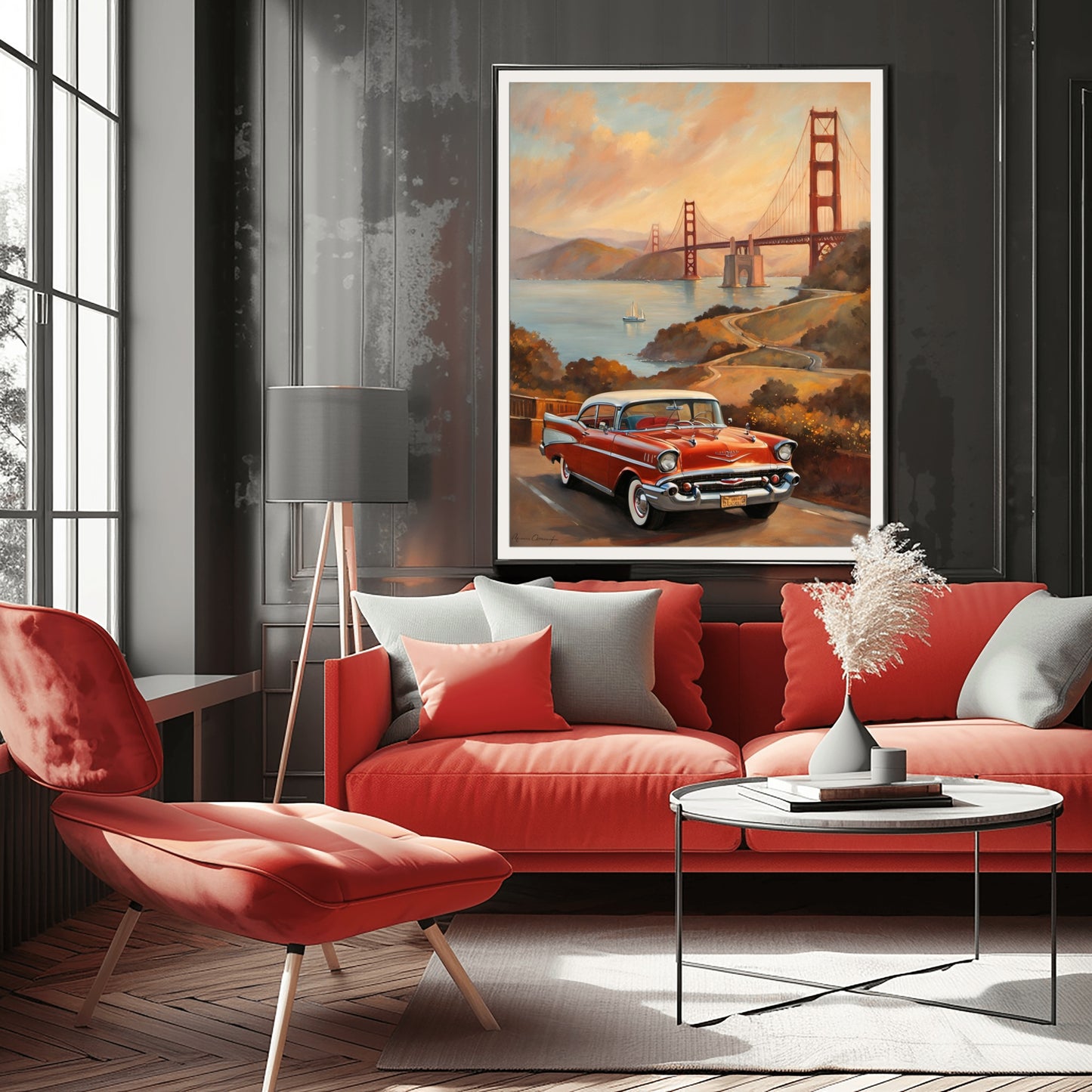 Scenic sunset landscape painting featuring a vintage red car and bridge displayed in a modern living room