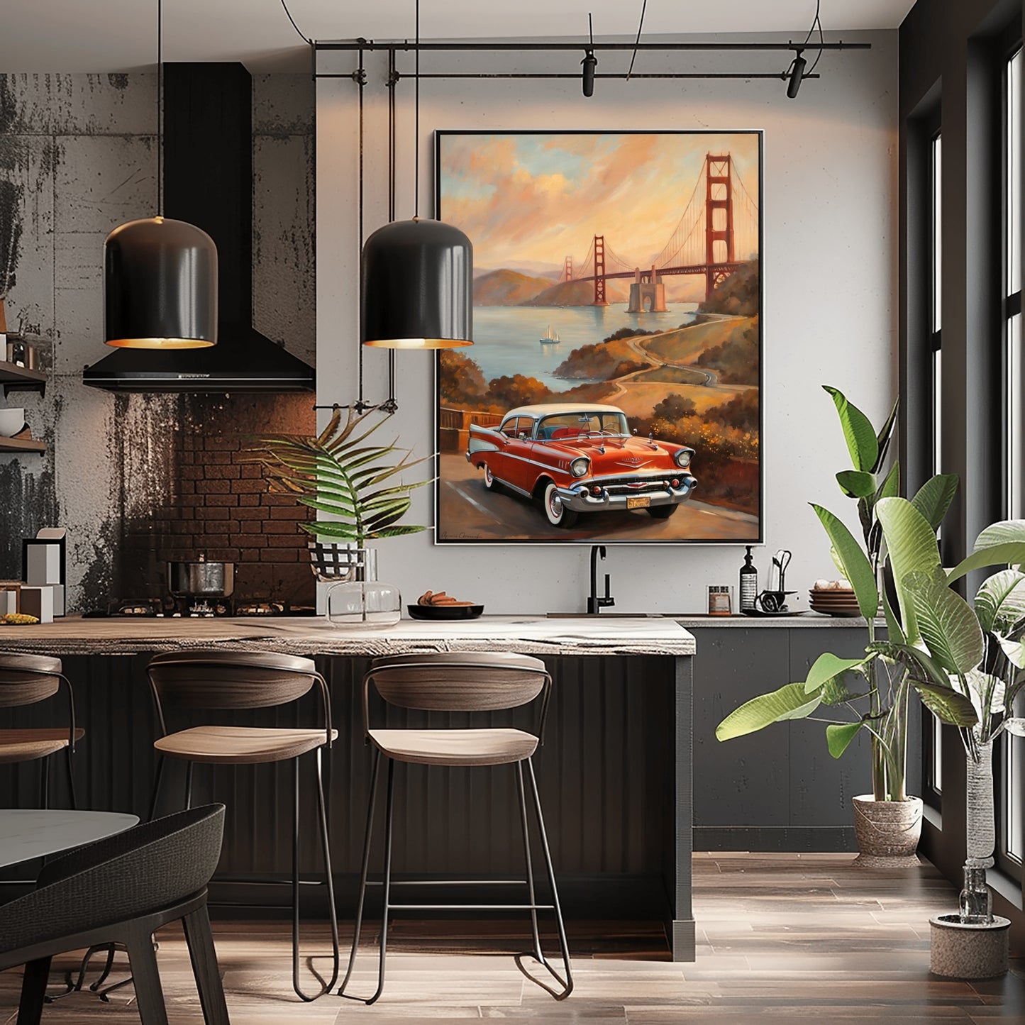 Scenic sunset landscape painting of Golden Gate Bridge and vintage car in modern kitchen by AquilVision