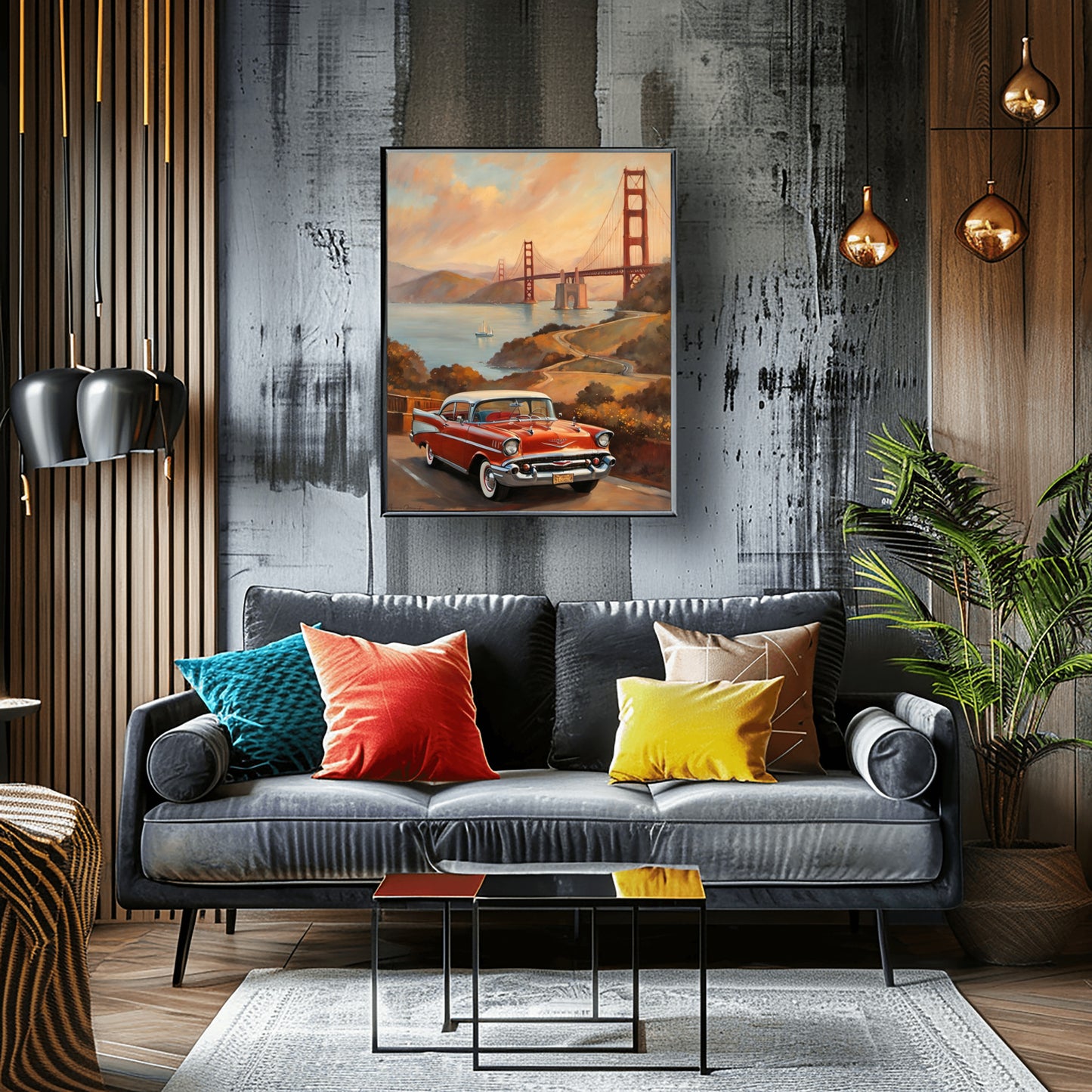 Scenic sunset landscape painting of a red car and bridge displayed above a modern sofa with colorful pillows