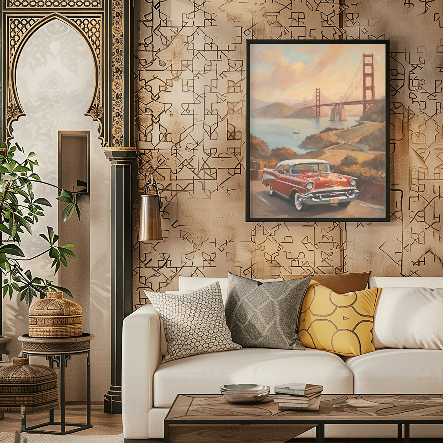 AquilVision scenic sunset landscape painting featuring a vintage car and bridge hanging above a sofa in a stylish living room