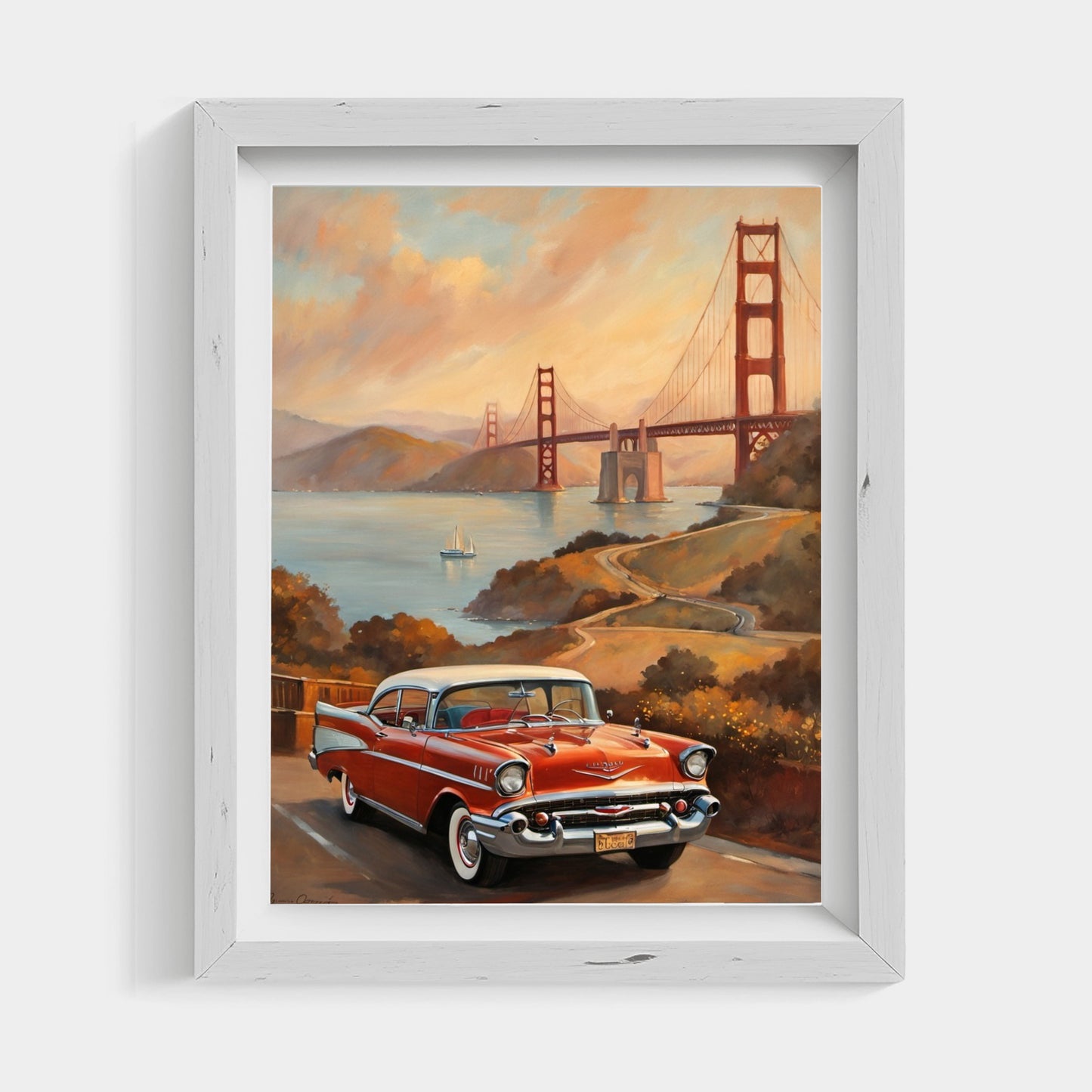 Scenic sunset landscape painting featuring a vintage red car and Golden Gate Bridge by AquilVision