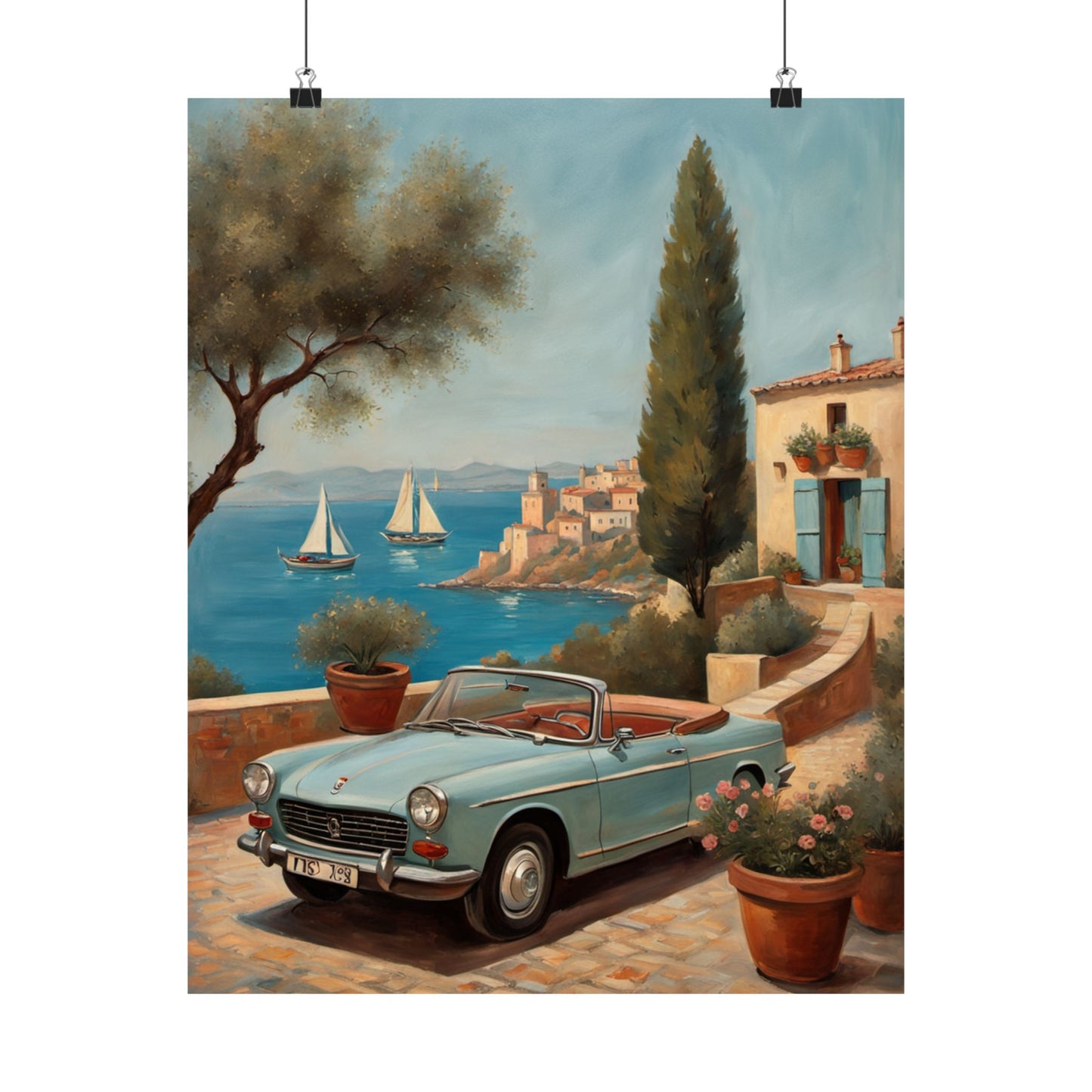Scenic Vintage Car Art Matte Vertical Posters featuring a classic convertible by the seaside with sailboats