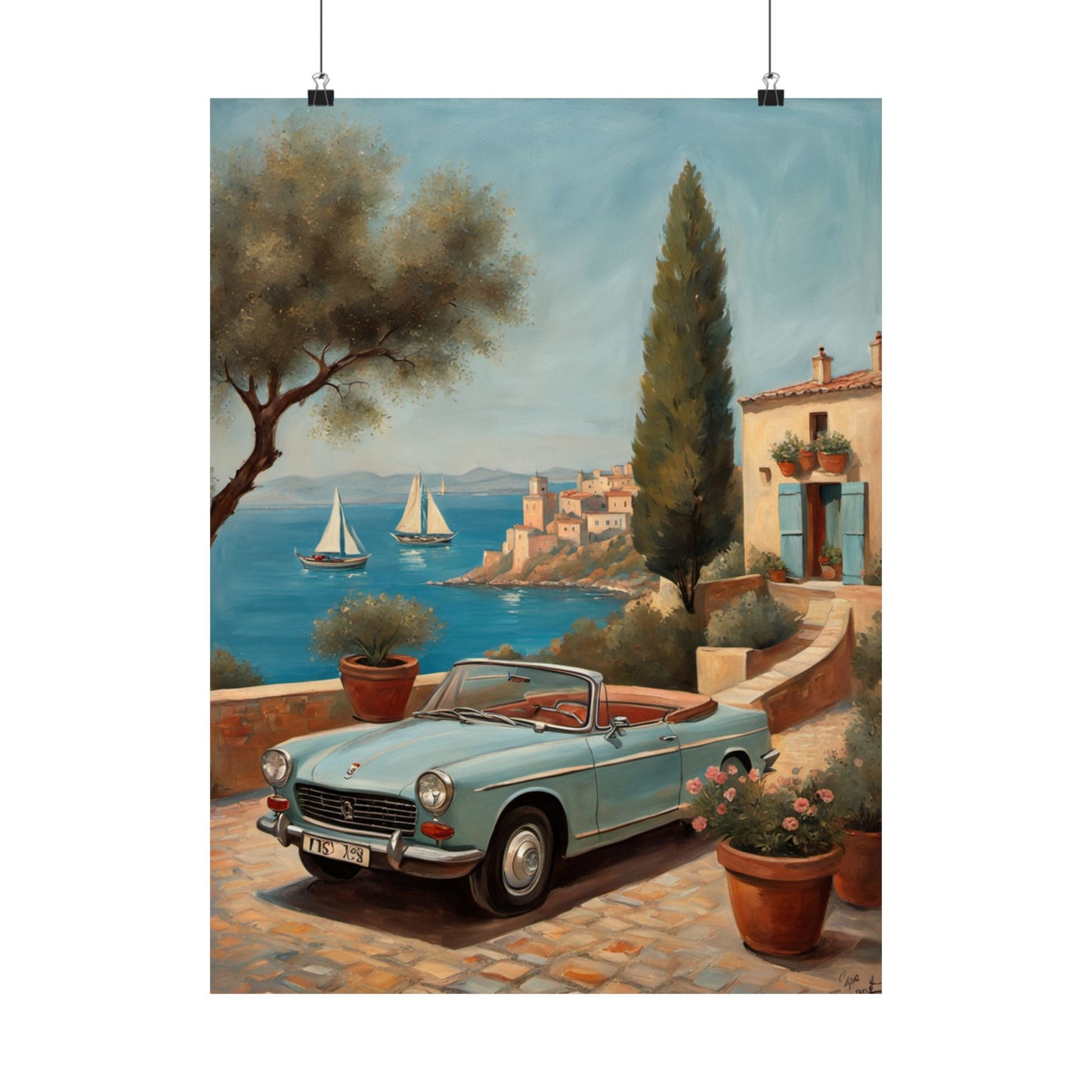 Scenic Vintage Car Art Matte Vertical Posters featuring a classic convertible by the coast