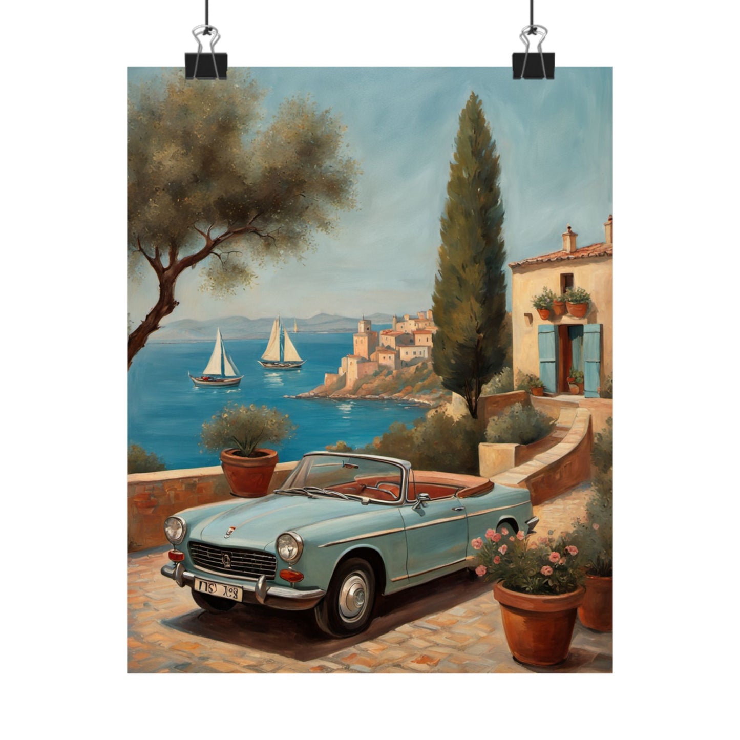 Scenic Vintage Car Art Matte Vertical Posters featuring a classic convertible by the seaside with beautiful scenery