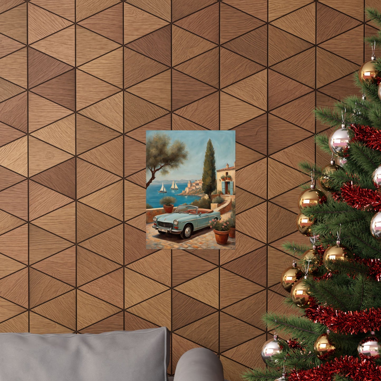 Scenic Vintage Car Art Matte Vertical Posters displayed on a textured wooden wall above a Christmas tree
