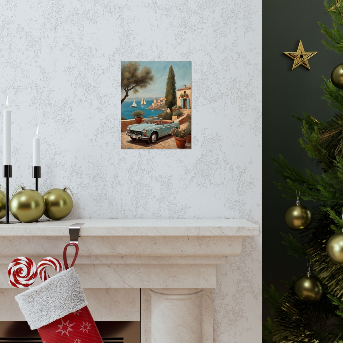 Scenic Vintage Car Art Matte Vertical Posters displayed above a modern fireplace, featuring a coastal view