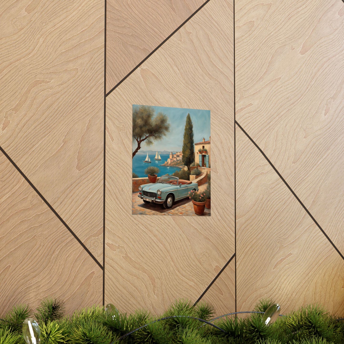 Scenic Matte Vertical Posters featuring a classic car by the seaside with sailboats in the background