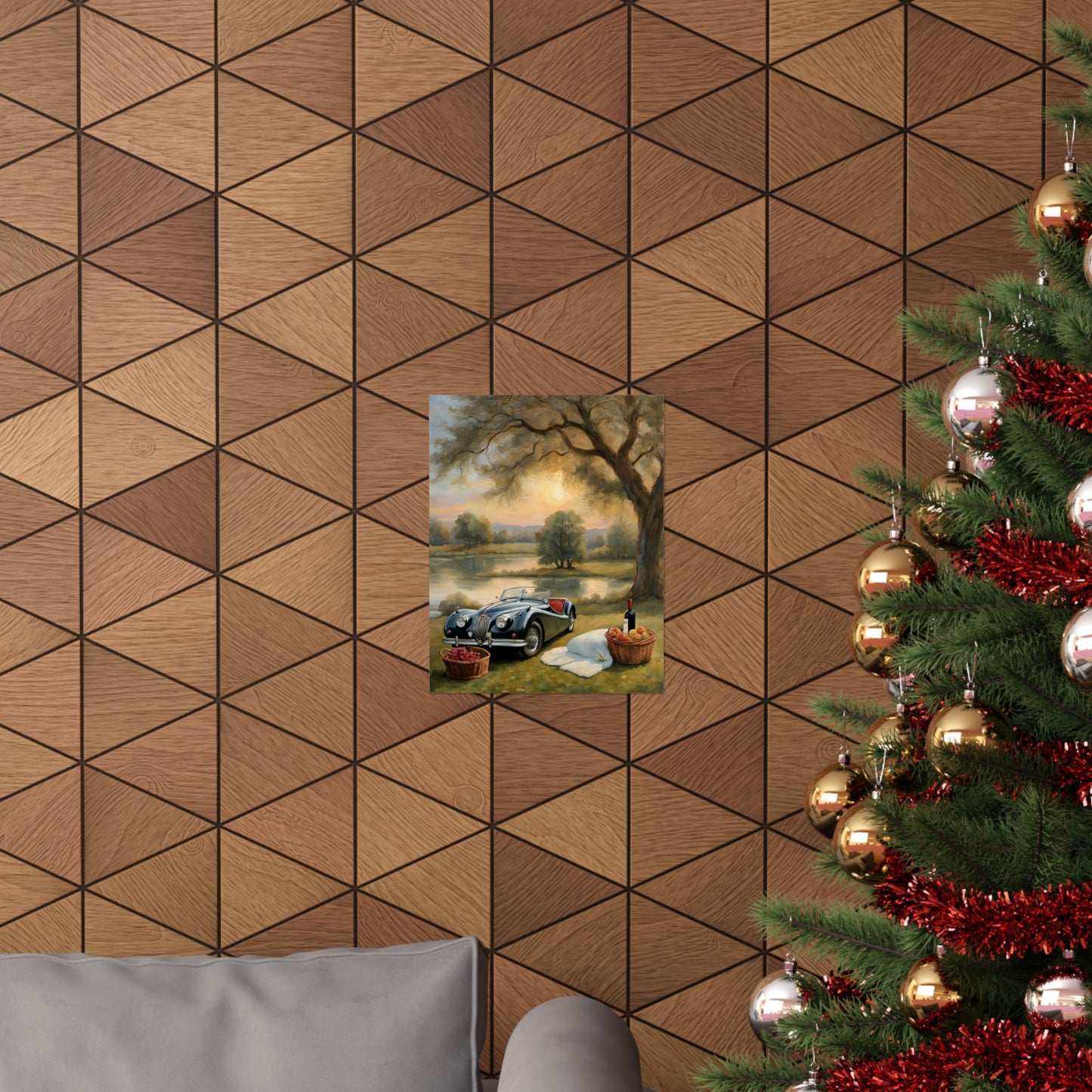Scenic Vintage Car Matte Vertical Poster displayed on a geometric patterned wall in a cozy living room