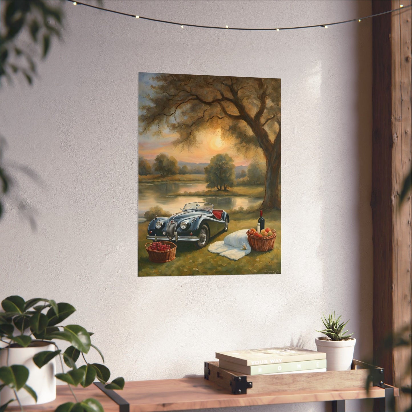 Scenic Vintage Car Matte Vertical Poster featuring a classic car parked by a serene lakeside scene