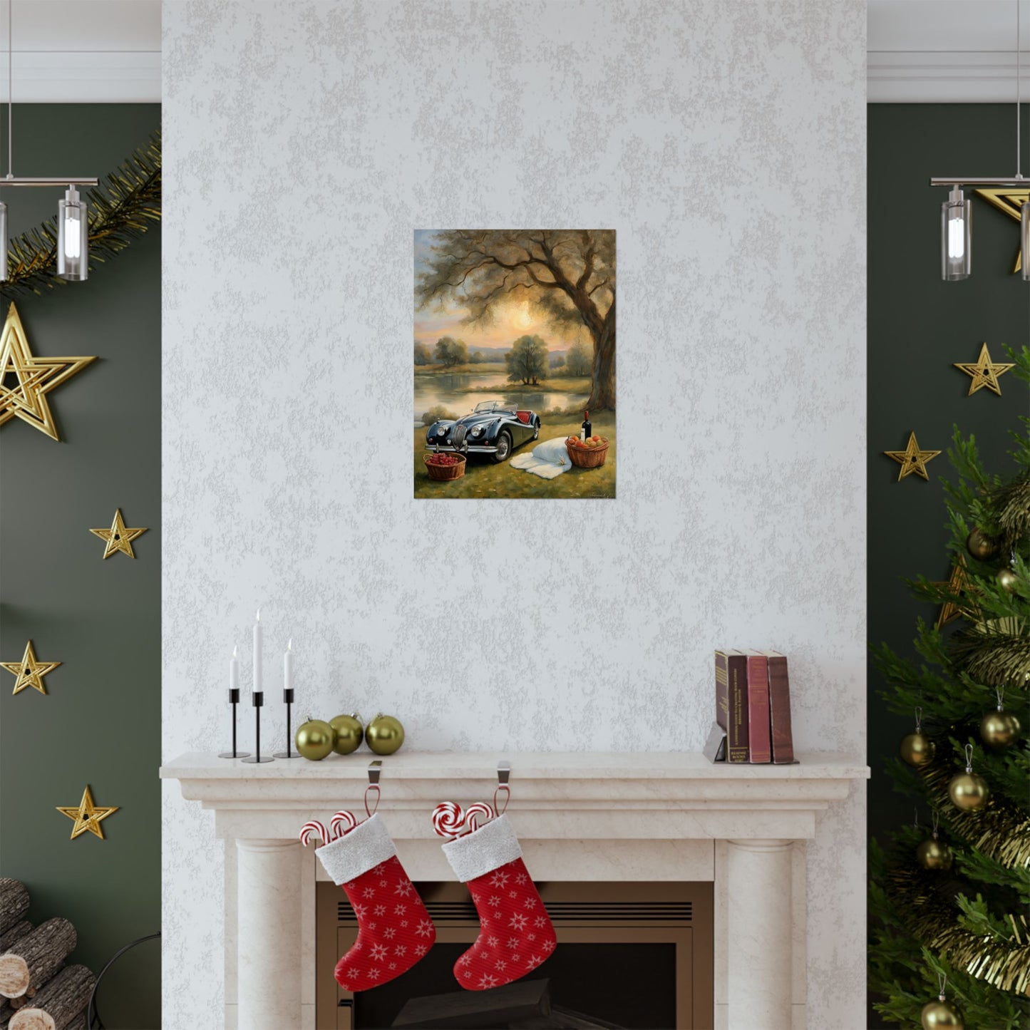 Scenic Vintage Car Matte Vertical Poster displayed above a fireplace in a cozy living room setting