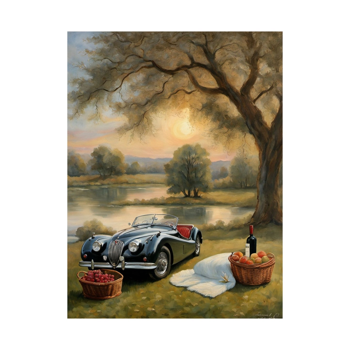 Scenic Vintage Car Matte Vertical Poster featuring a classic car by a serene riverside picnic scene