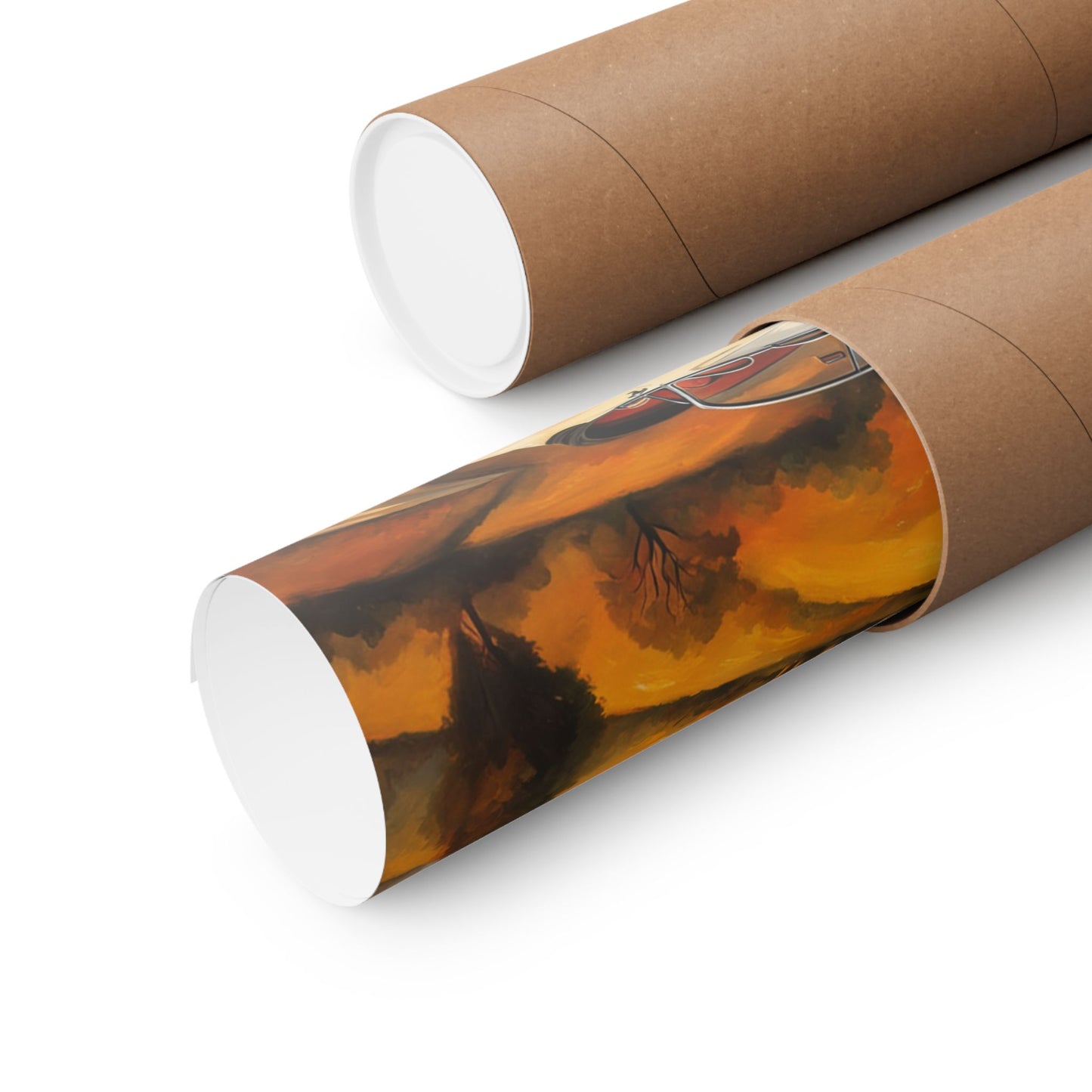 Scenic vintage car posters rolled and packaged in eco-friendly tubes for easy delivery