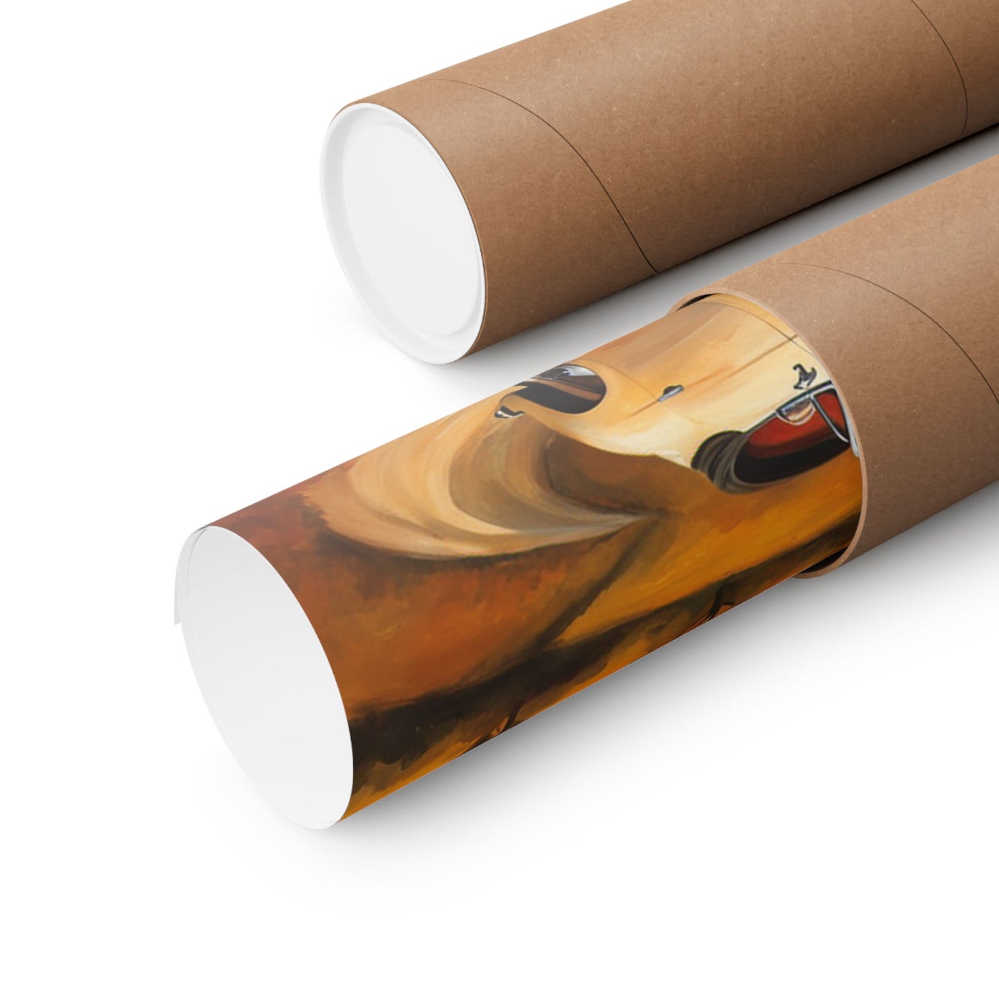 Scenic vintage car posters rolled in craft paper tubes for easy storage and transport