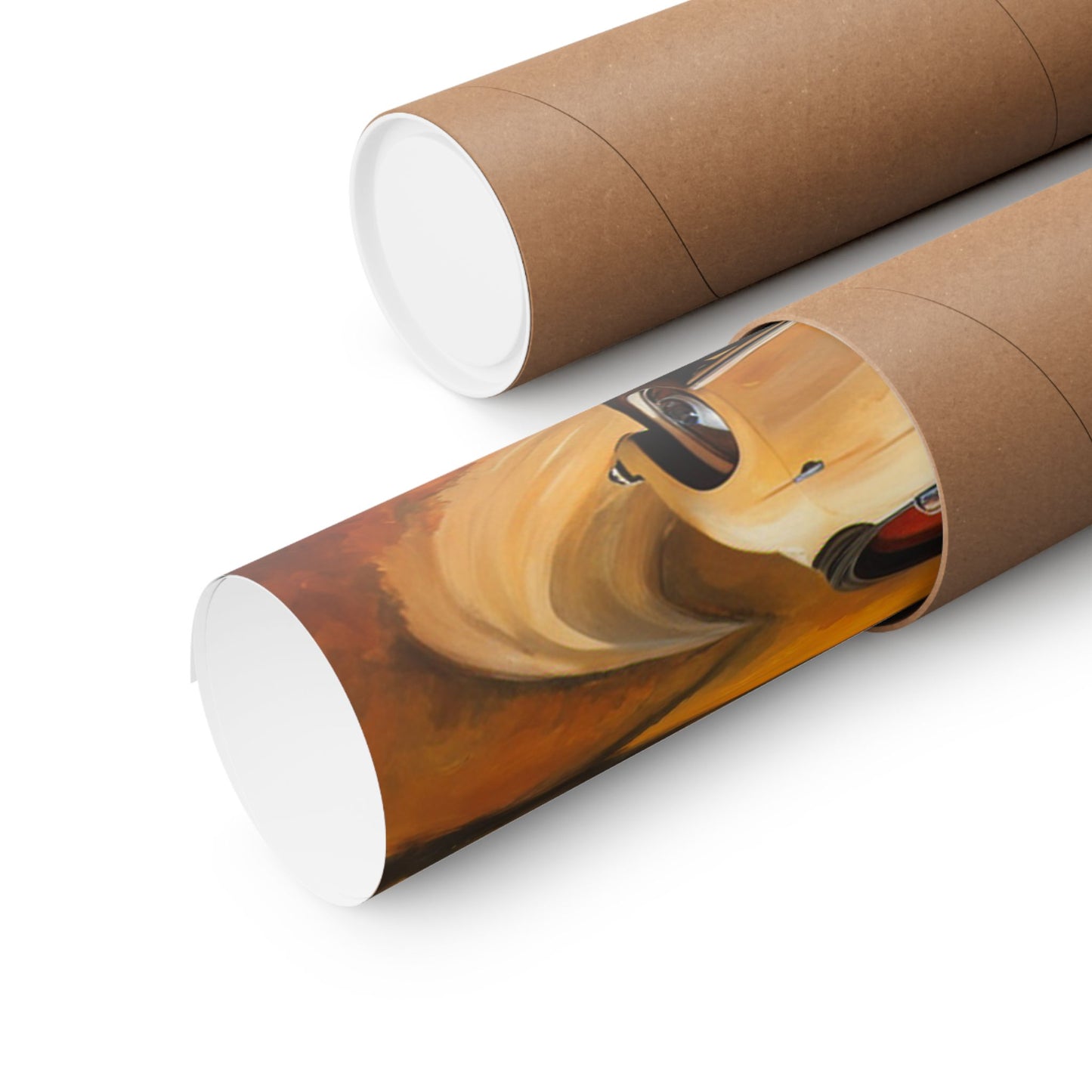 Scenic vintage car posters rolled in a protective tube ready for delivery