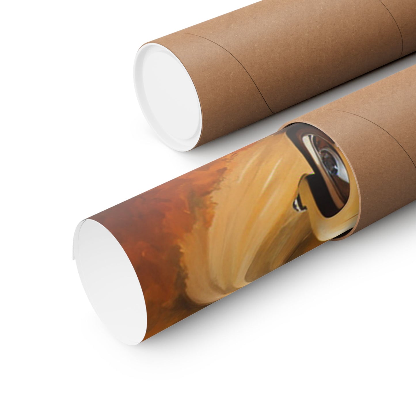Scenic vintage car posters rolled up in eco-friendly packaging for art enthusiasts