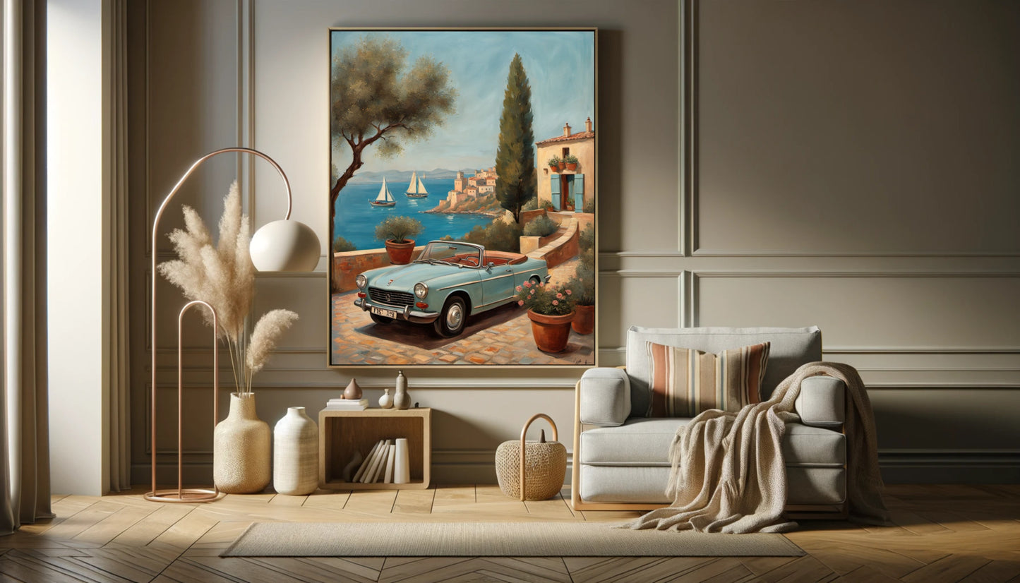 AquilVision digital print of coastal framed painting with vintage car on terrace serene terrace landscape artwork in living room