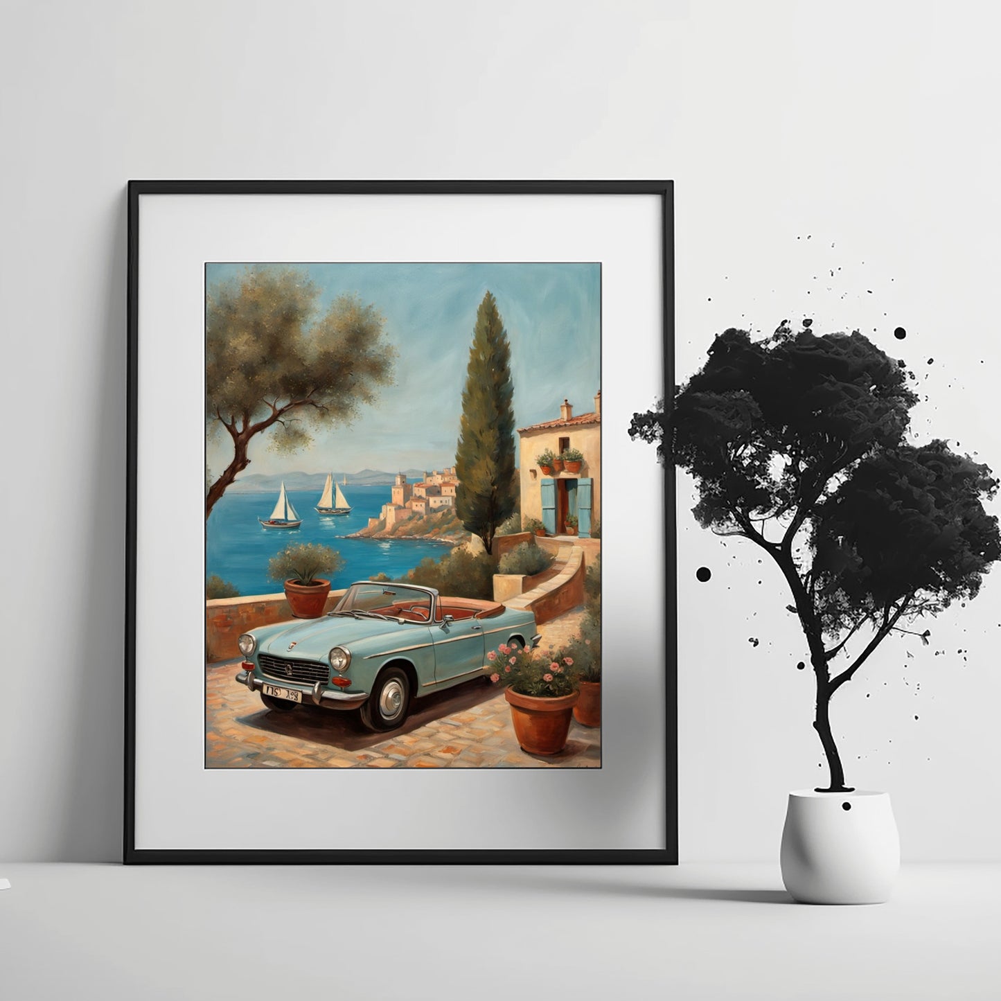 AquilVision digital serene terrace landscape artwork showing vintage convertible on sunlit Mediterranean terrace with sailboats