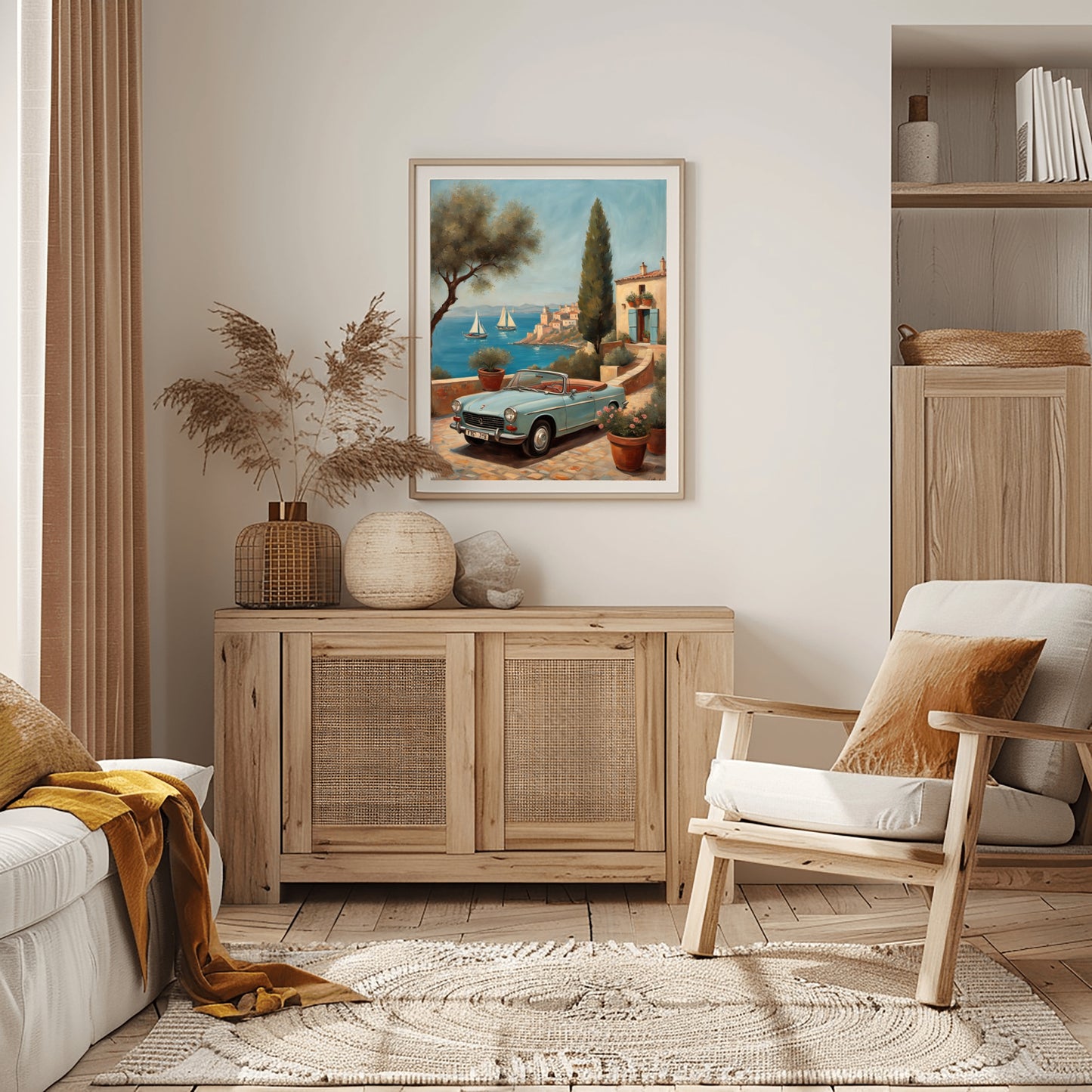 AquilVision digital print of vintage car and coastal garden overlooking sailboats in serene terrace landscape artwork