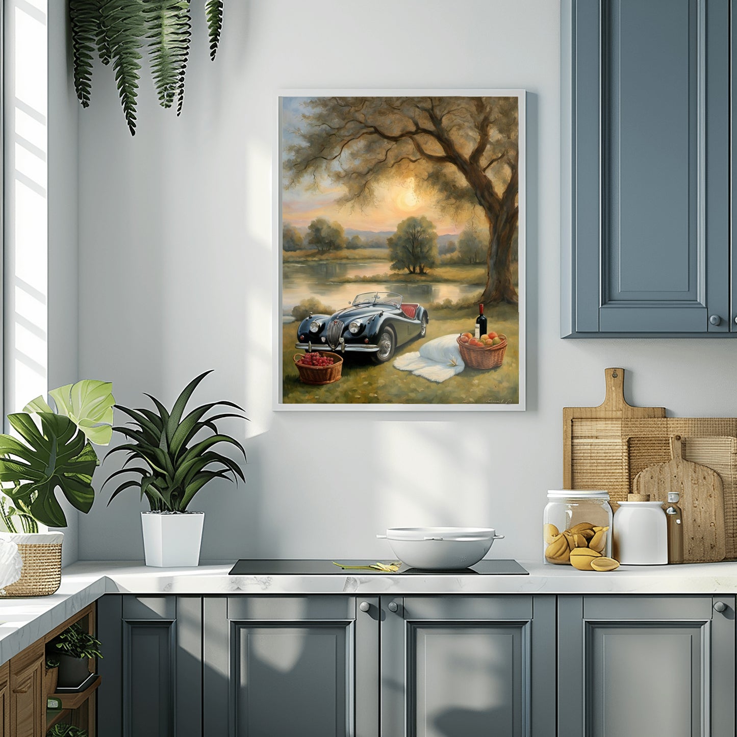 Serene landscape painting for living room featuring vintage car picnic under large tree by lake