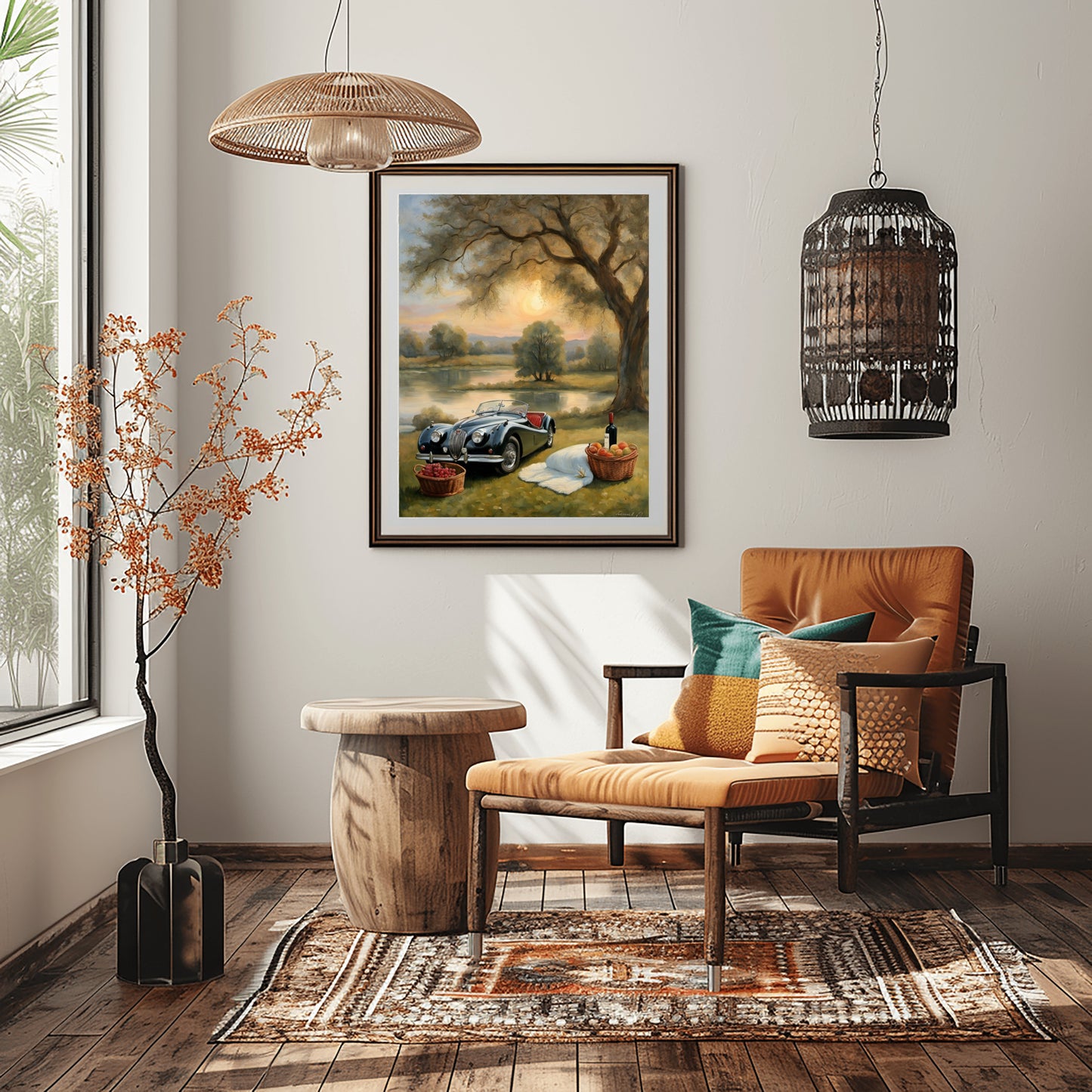 Serene landscape painting for living room displayed above lounge chair in cozy modern decor
