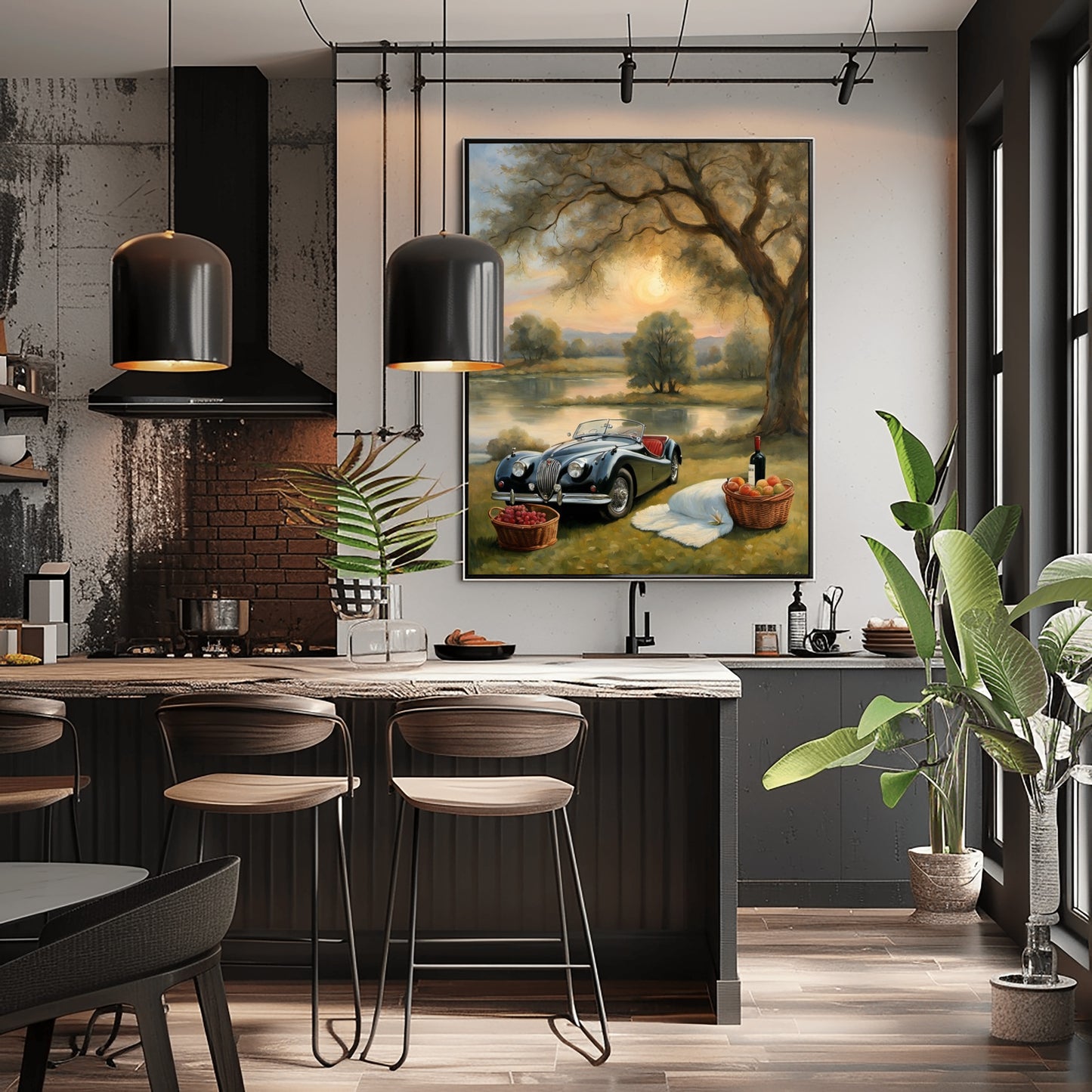 Serene landscape painting for living room with vintage car and picnic scene hanging above modern kitchen island