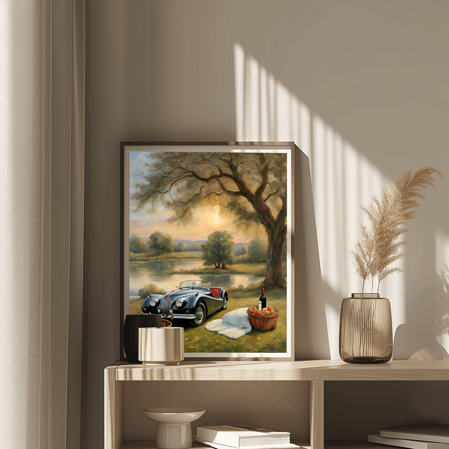 Serene landscape painting for living room featuring a vintage car, picnic basket, and sunset by a lake