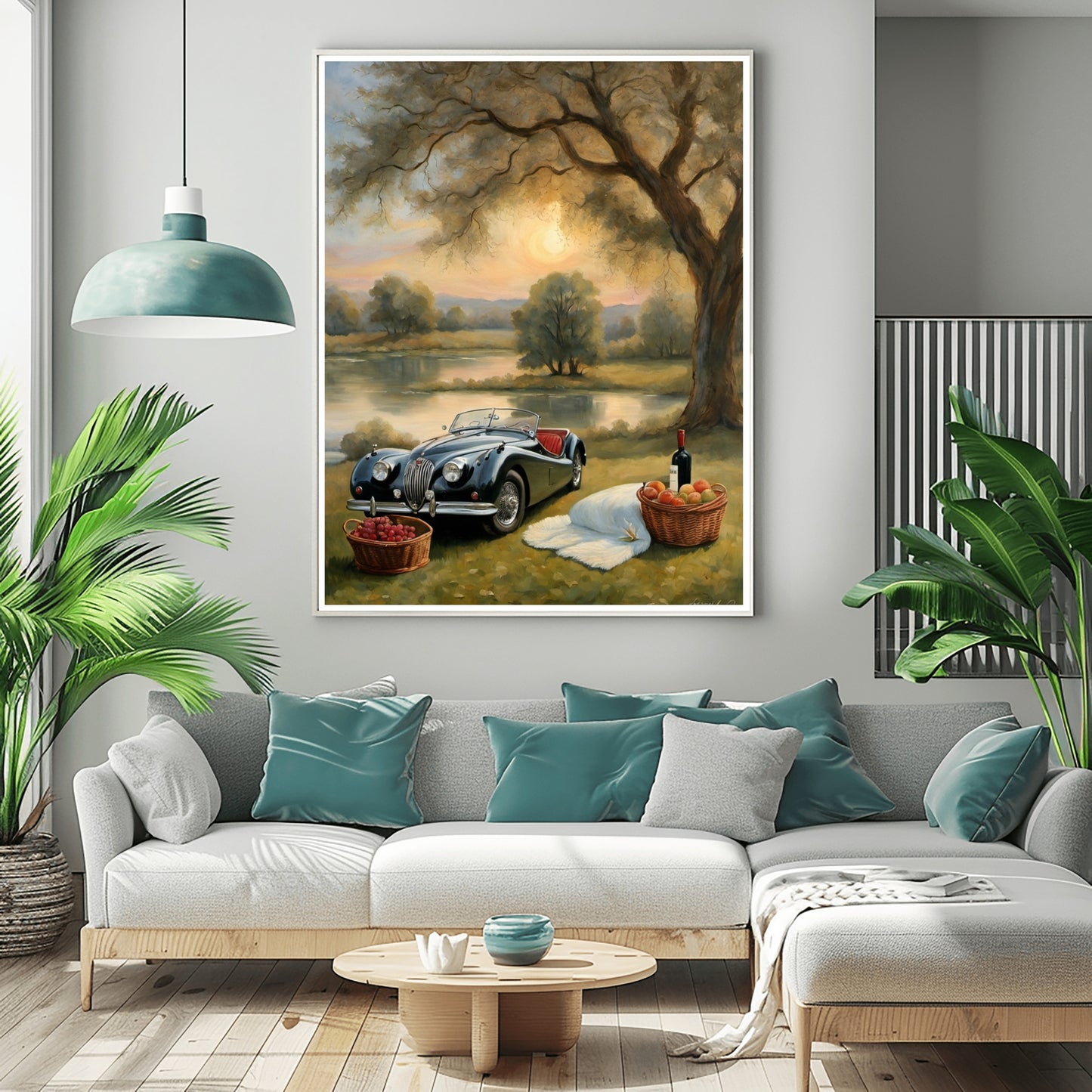 Serene landscape painting for living room featuring a vintage car, picnic setup, and large tree at sunset