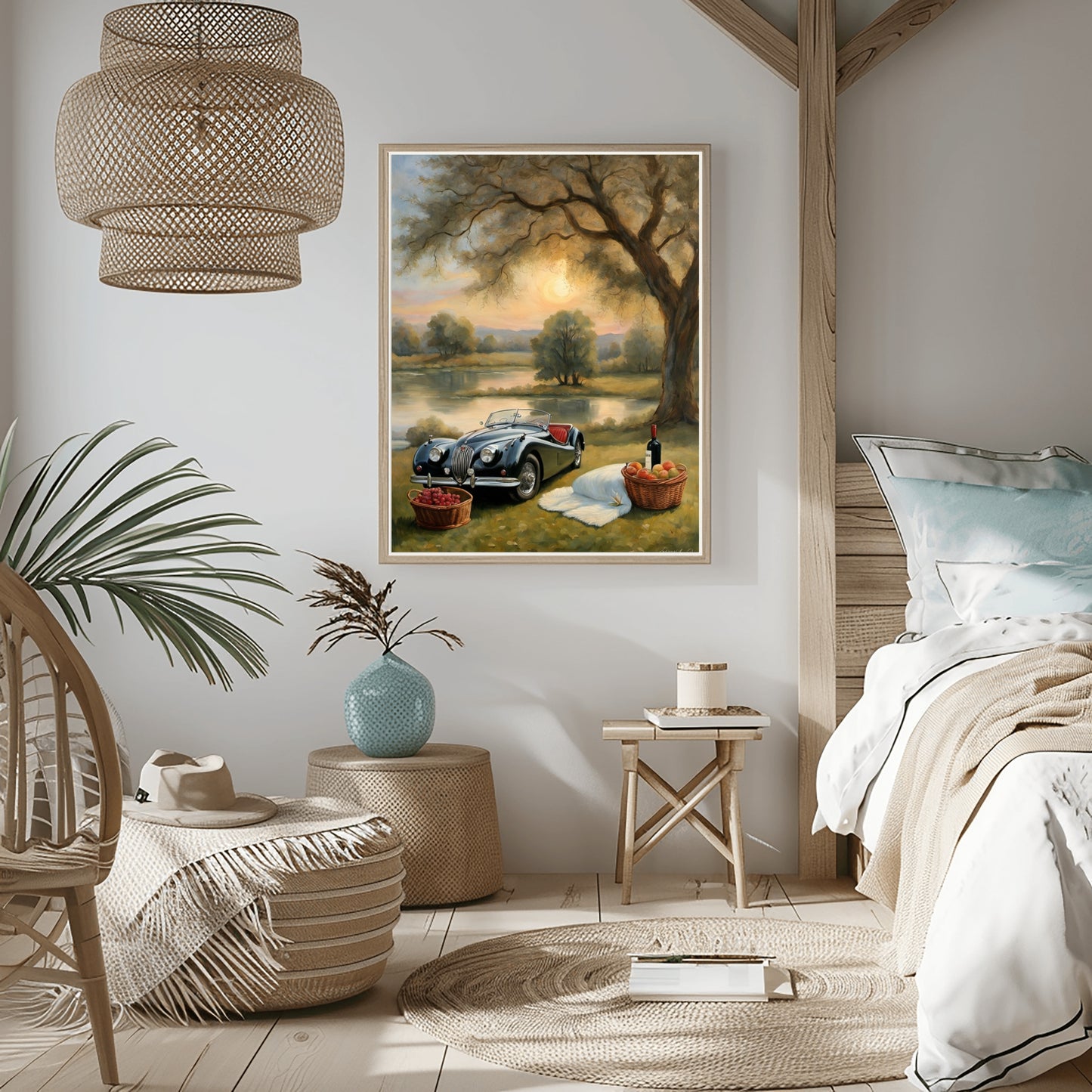 Serene landscape painting for living room by AquilVision featuring a classic car under a tree at sunset