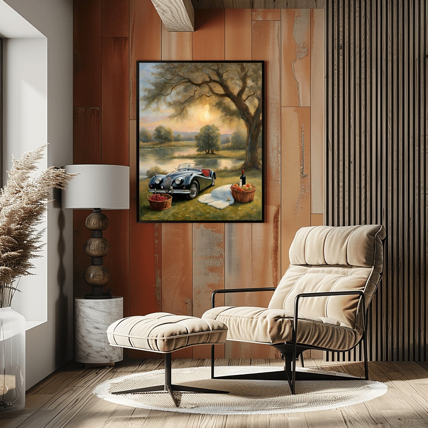 Serene landscape painting for living room showing vintage car by lake under large tree with basket and wine