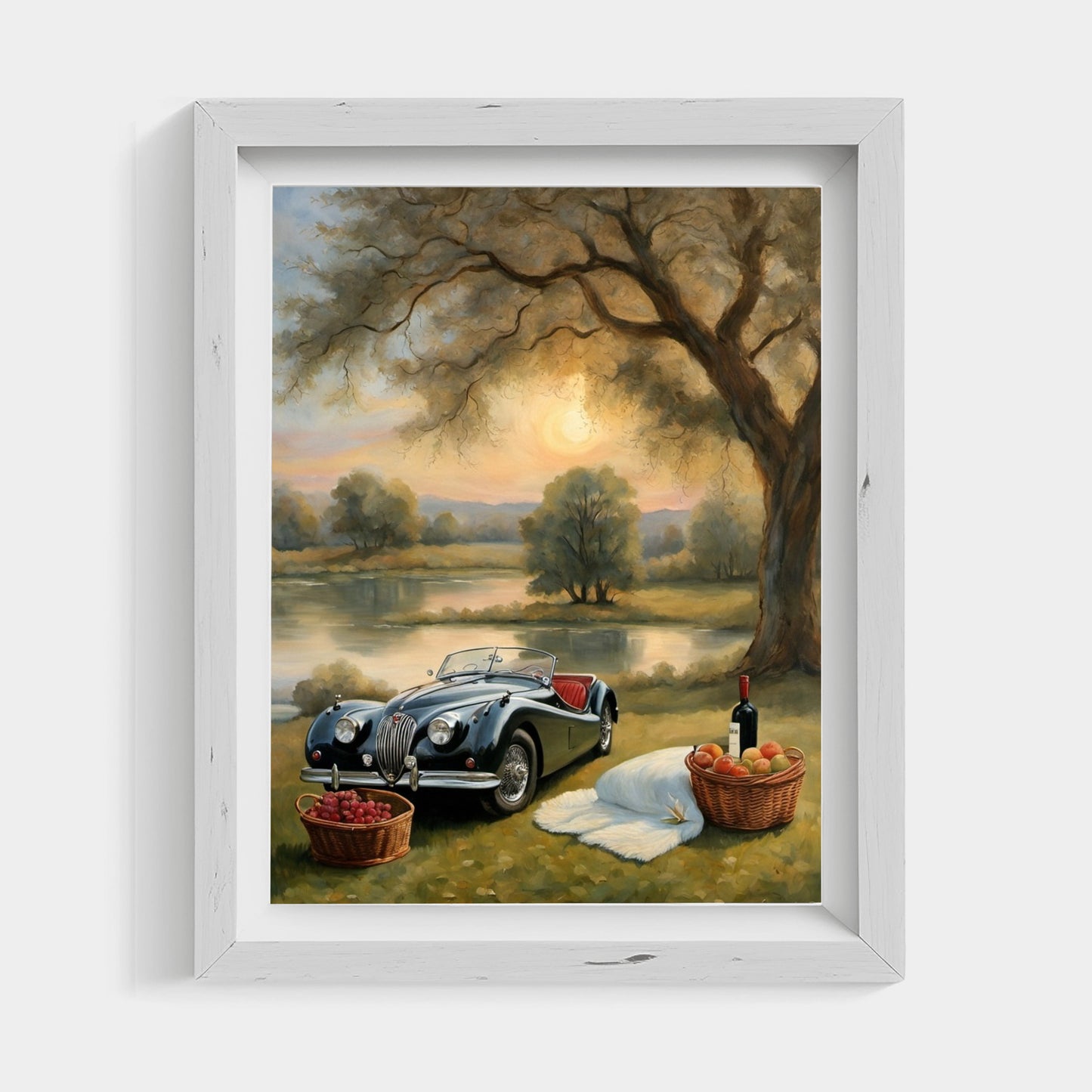 Serene landscape painting for living room featuring a classic car, picnic setup, and sunset by a tree