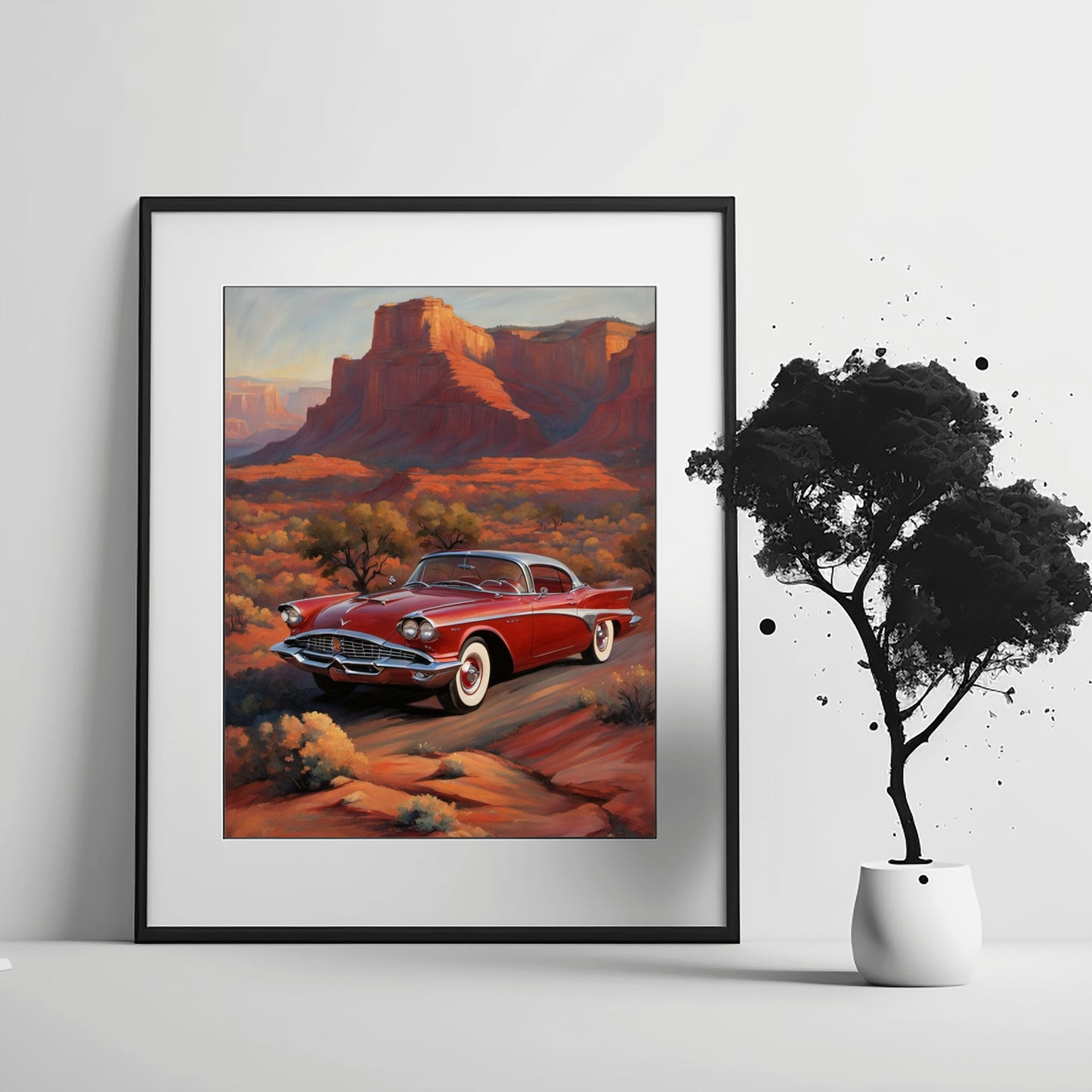 Framed digital artwork of red classic car in desert landscape with silhouette desert decor style