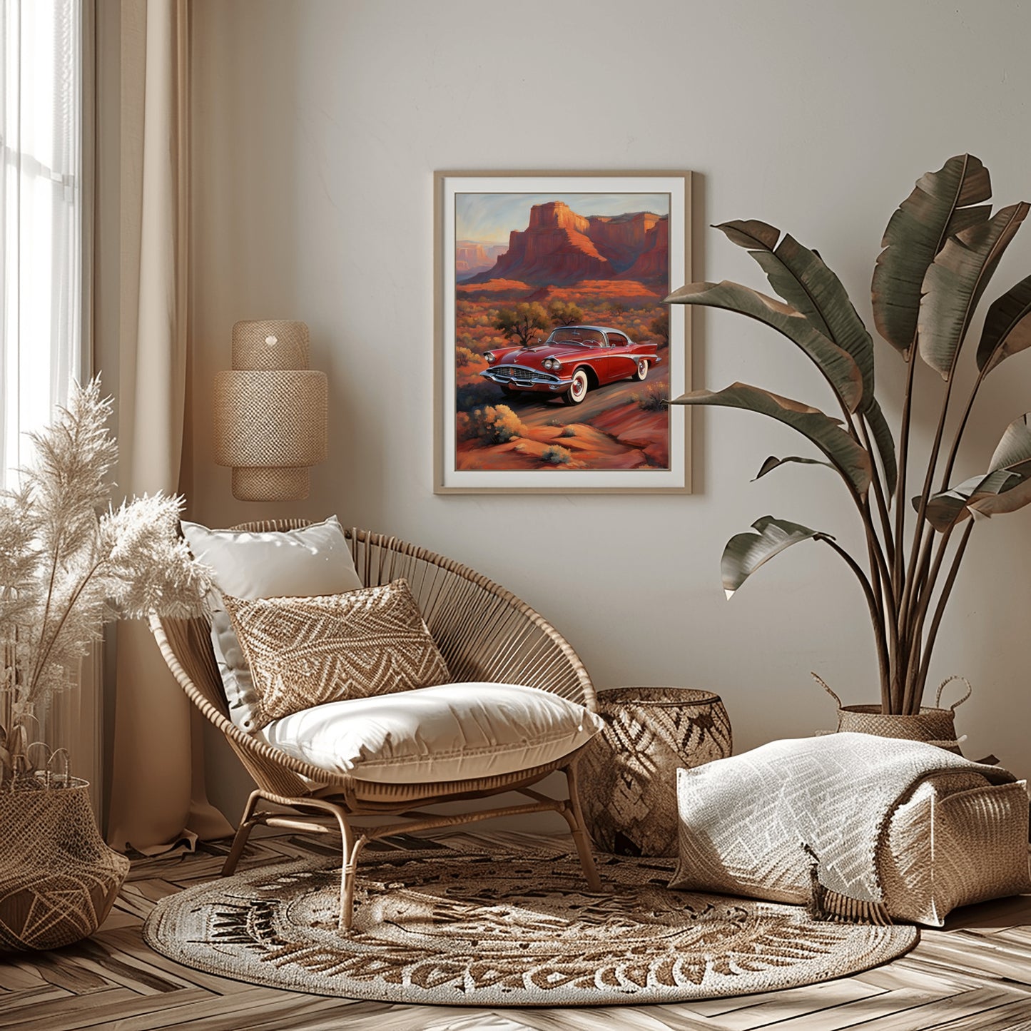 Cozy living room with silhouette desert decor painting by AquilVision above rattan chair and plants