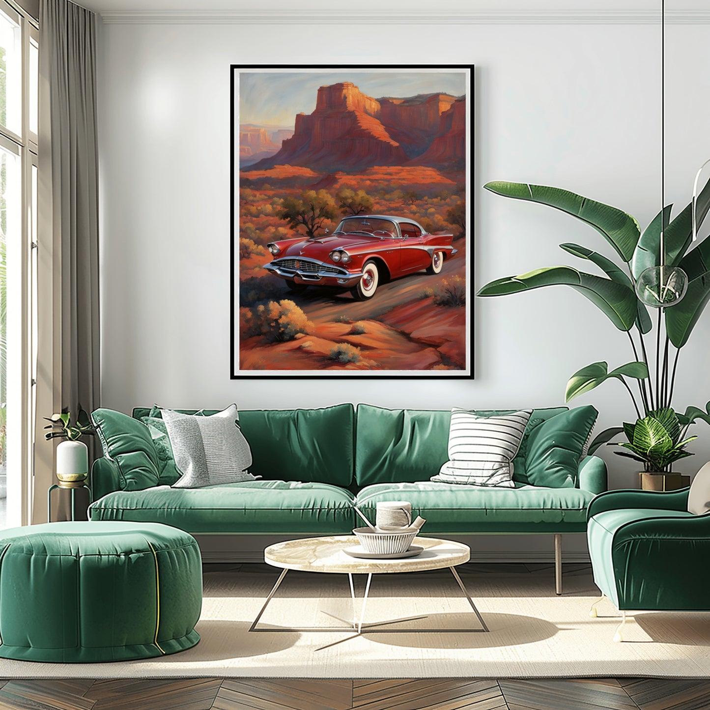 Framed digital artwork silhouette desert decor featuring a vintage red car in a canyon setting above green sectional sofa