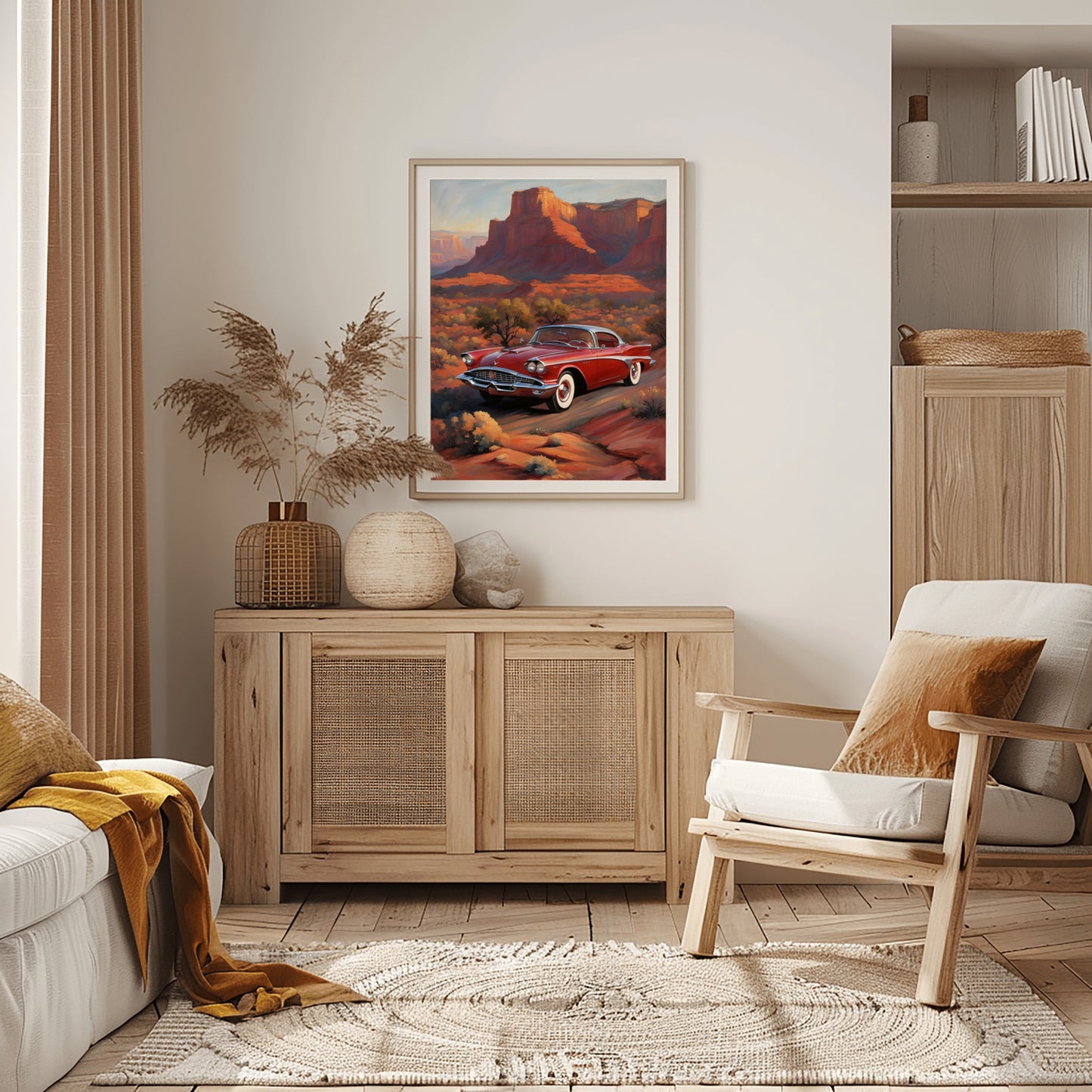 Living room with wooden cabinet, framed vintage car desert print, and silhouette desert decor accents