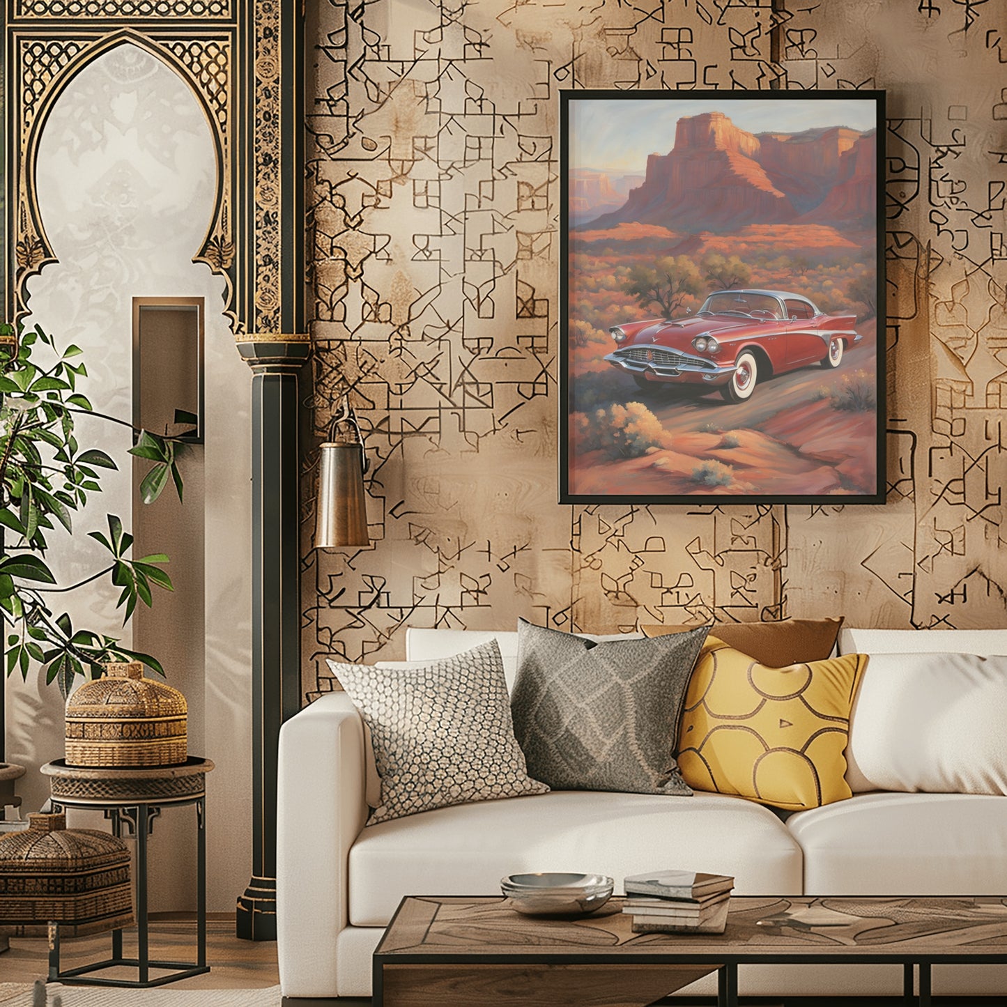 Living room with vintage car desert landscape art featuring silhouette desert decor by AquilVision above white sofa