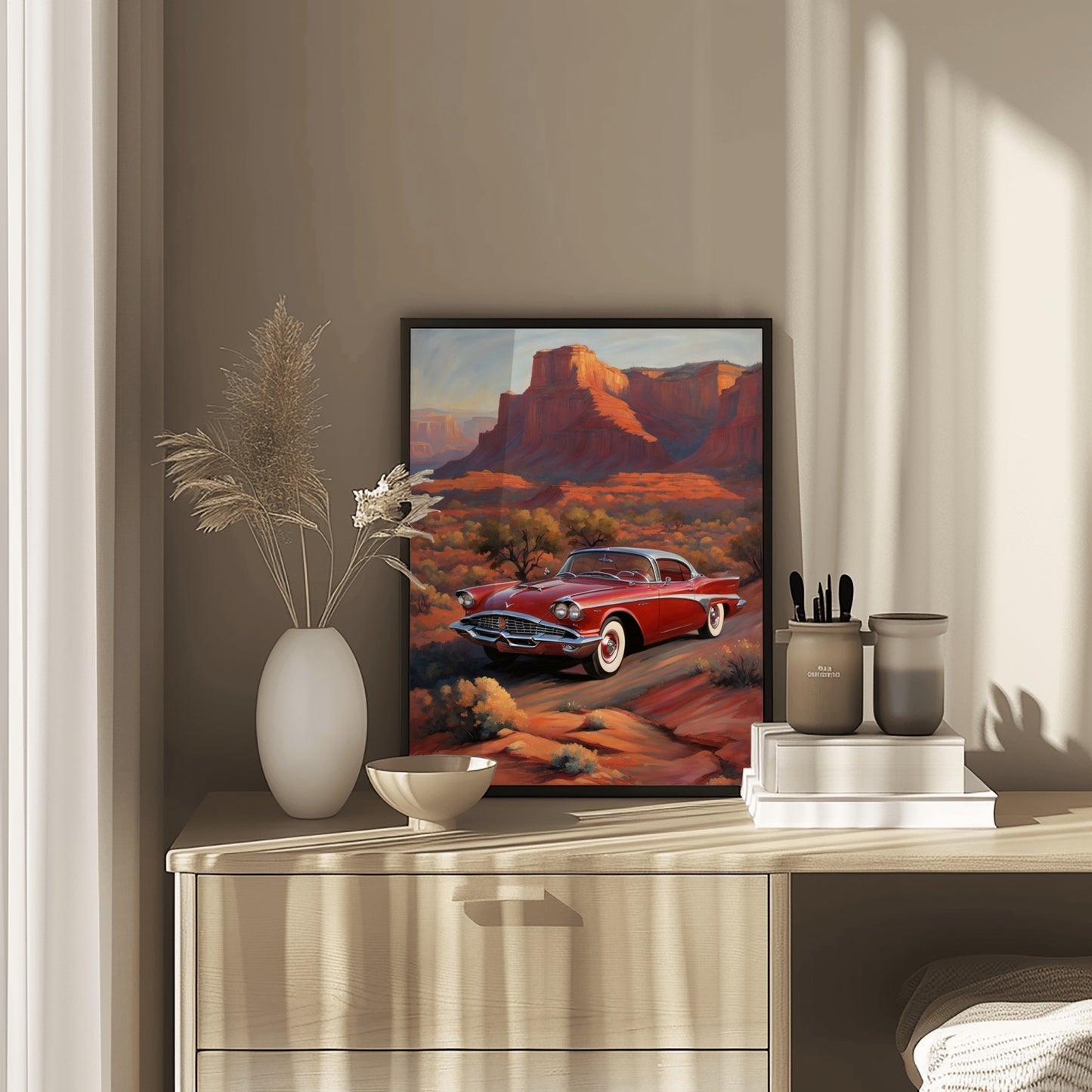 AquilVision digital framed art showing a classic car in a silhouette desert decor with red rock formations