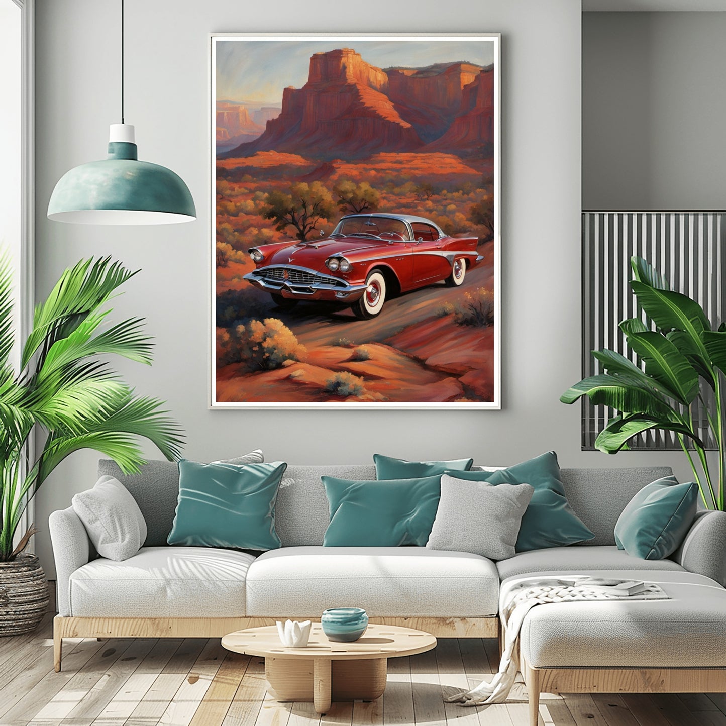 AquilVision digital artwork of a vintage car in red desert landscape with silhouette desert decor style hanging above modern sofa