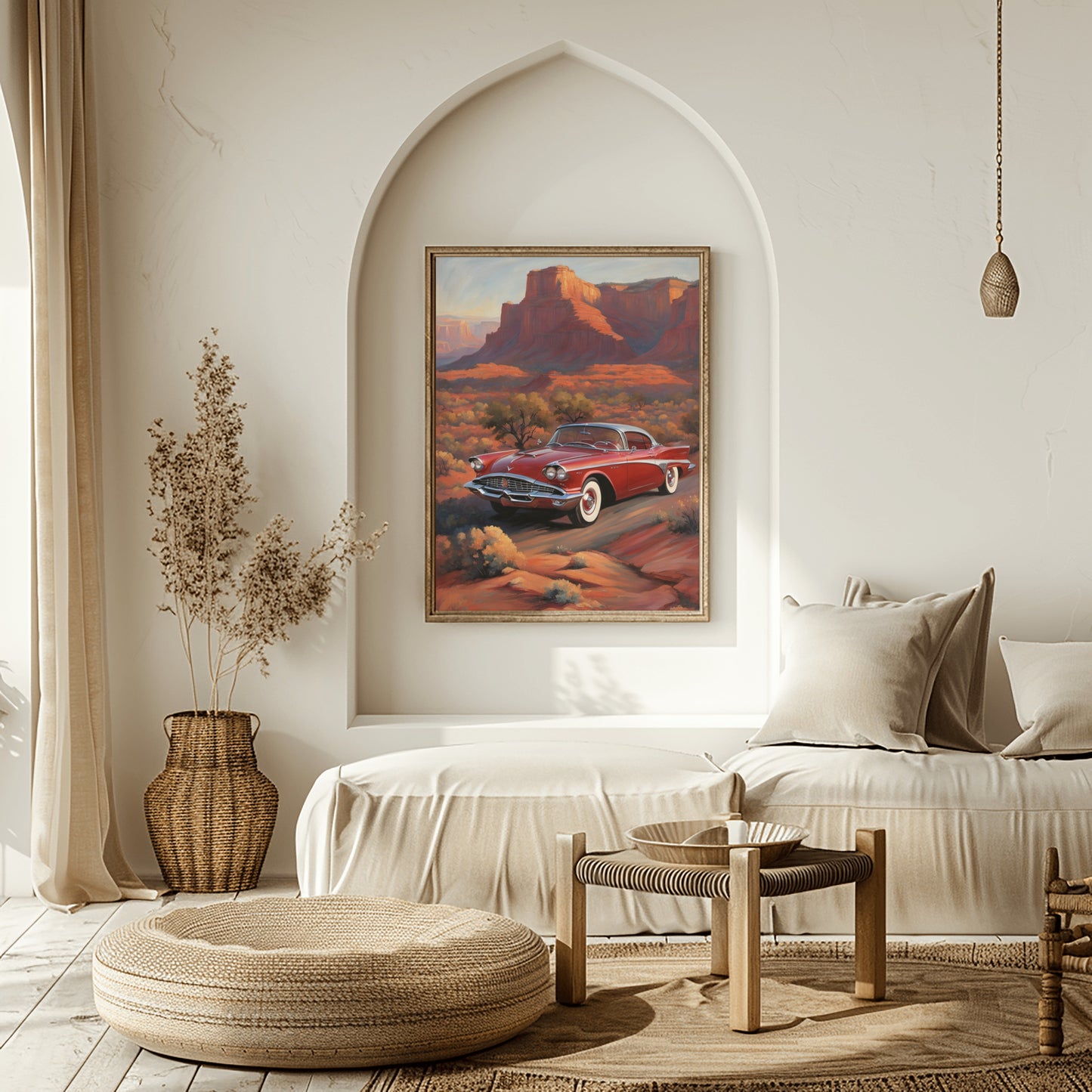 Silhouette desert decor digital artwork featuring a vintage car and desert landscape by AquilVision