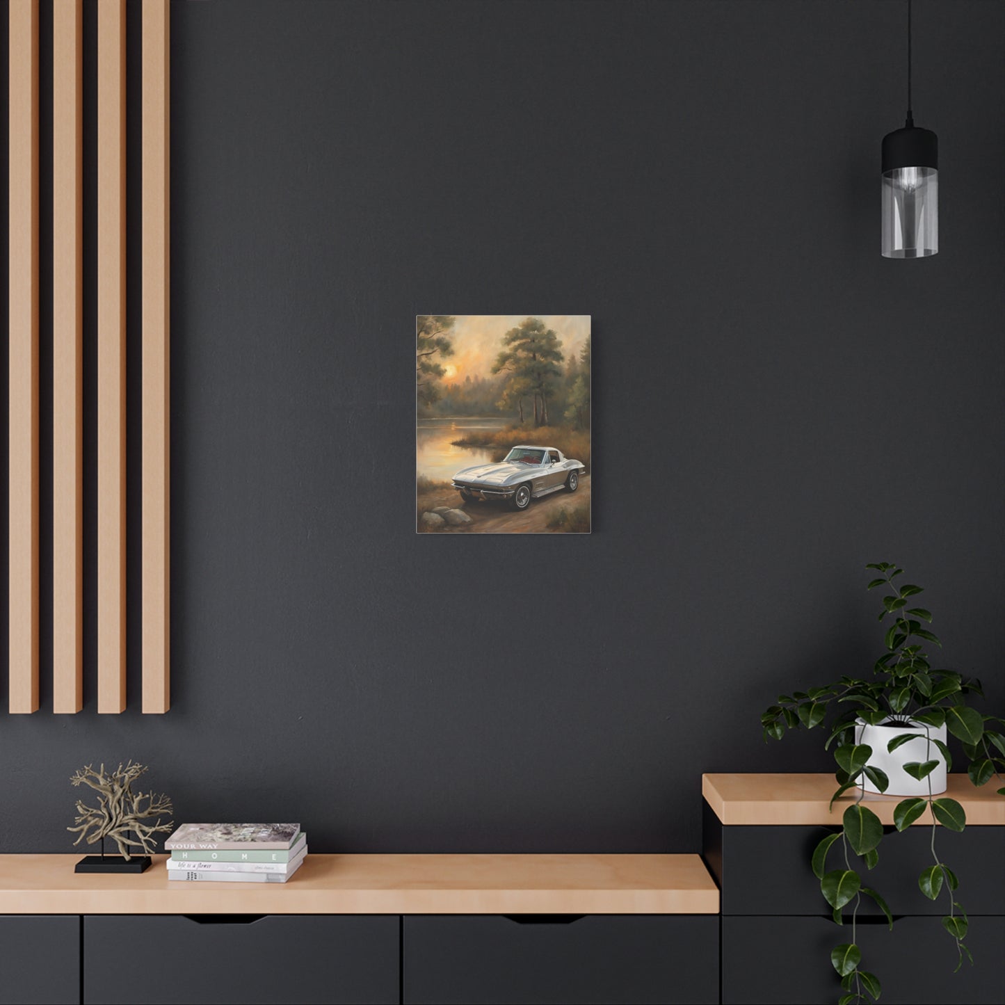 Silver Corvette Landscape Canvas Print hanging on a modern wall with decorative elements