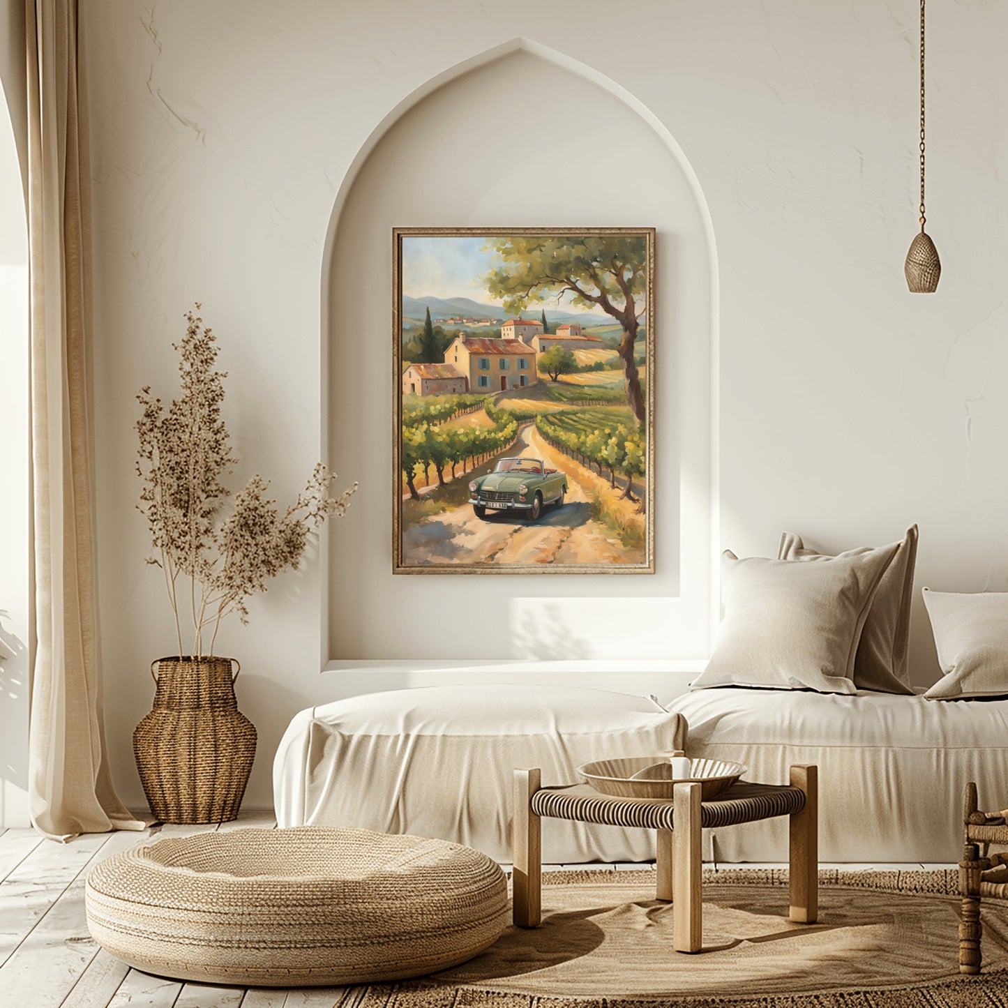 AquilVision digital golden hour landscape painting of a framed countryside scene with vineyard road and vintage car