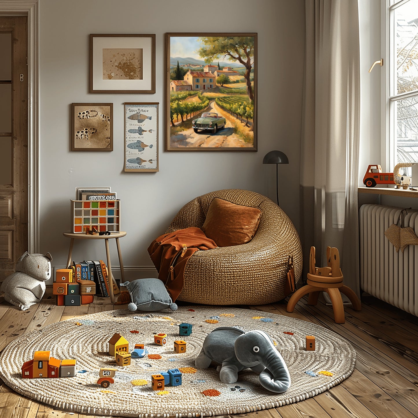AquilVision digital print golden hour landscape painting framed above cozy kids playroom with wicker chair