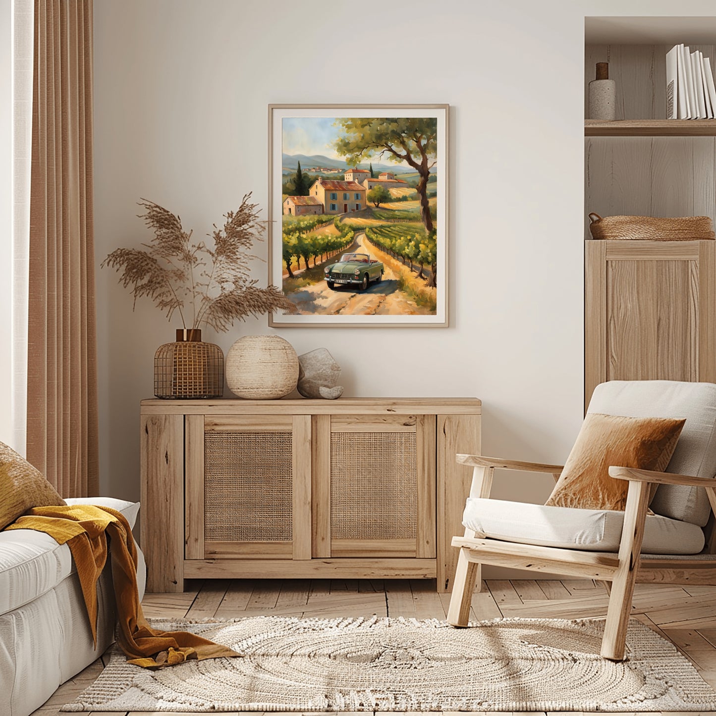 AquilVision framed golden hour landscape painting of Tuscan countryside with vintage car in cozy living room