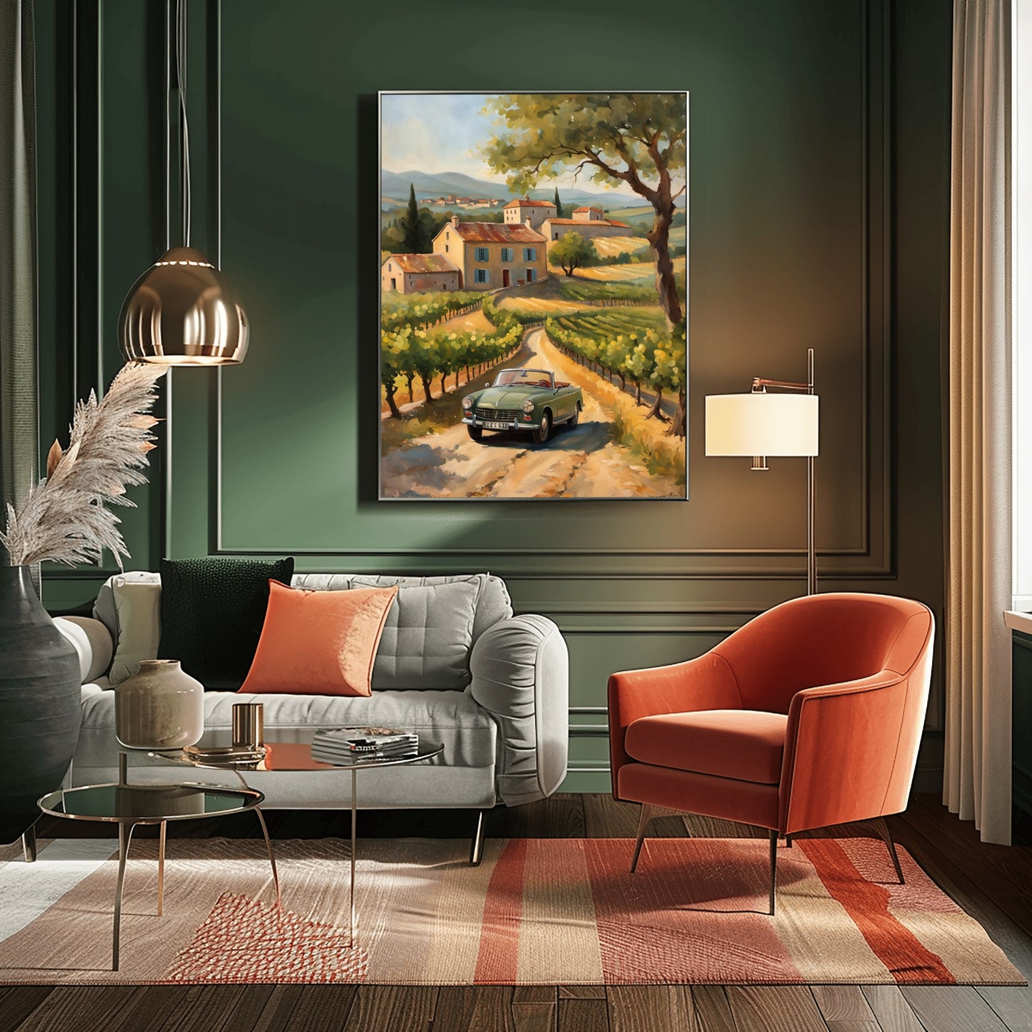 AquilVision digital golden hour landscape painting of a Tuscan village with vintage car on sunlit vineyard road