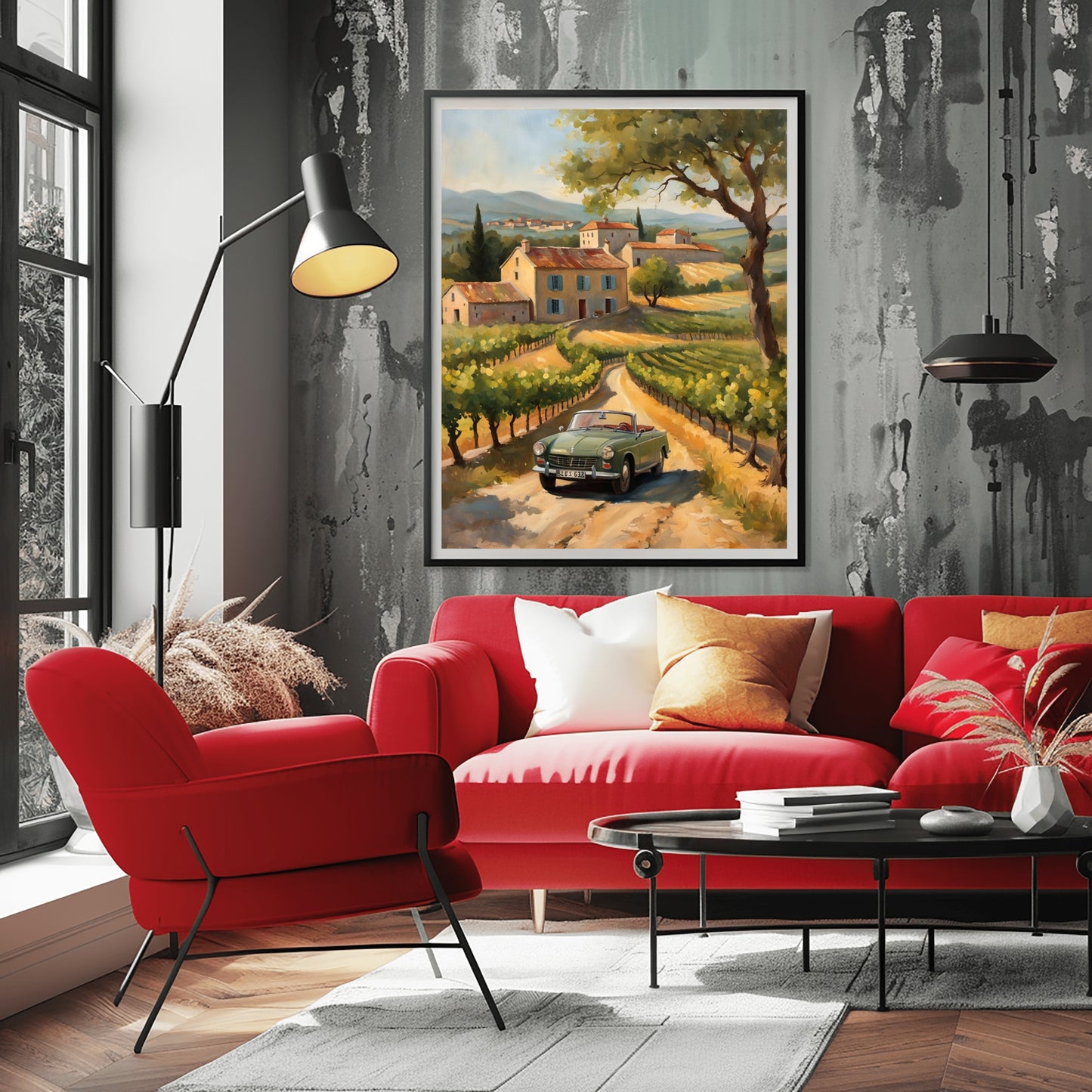 AquilVision digital print of a golden hour landscape painting showing vineyard road to villa with vintage car