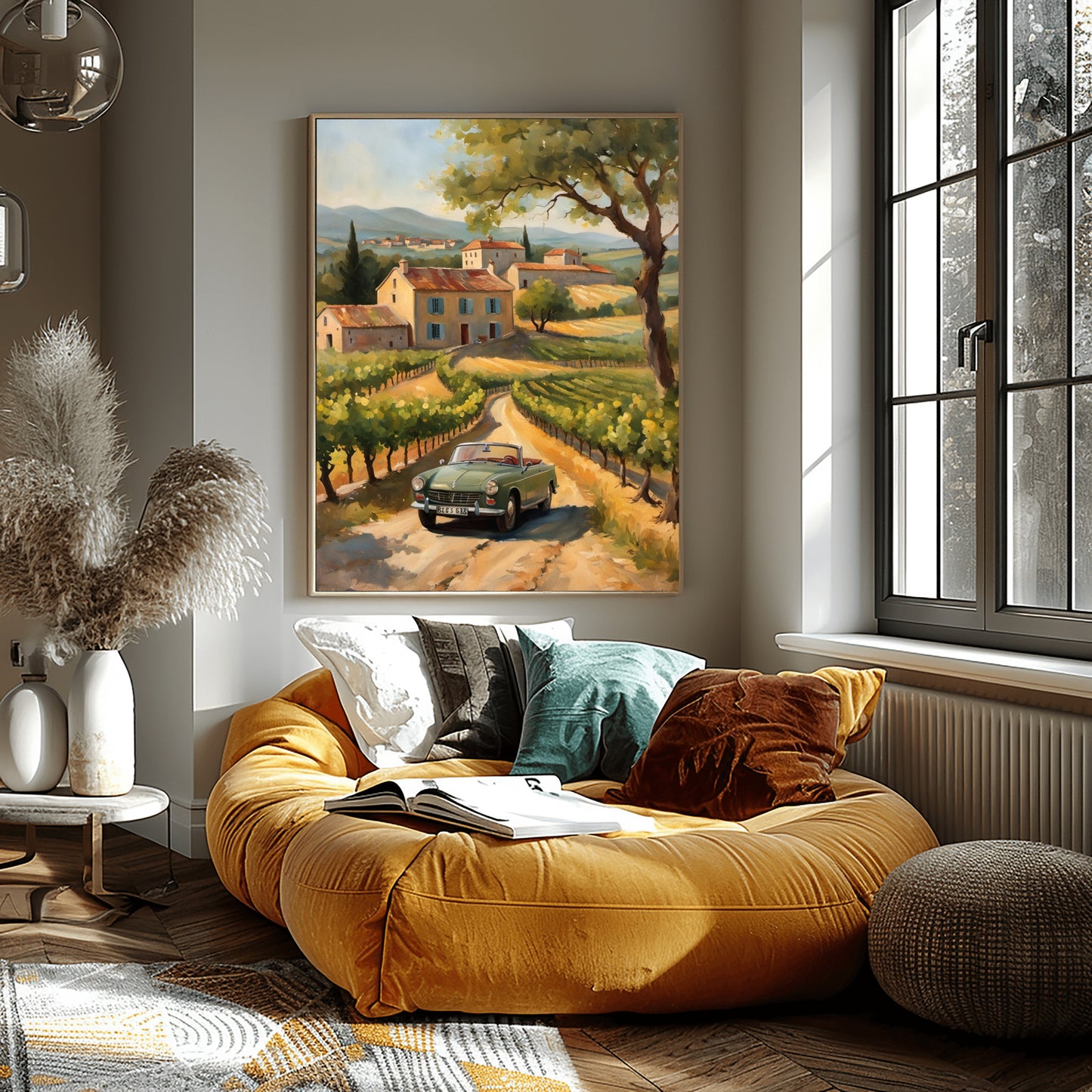 AquilVision digital framed golden hour landscape painting of a vintage car on a sunlit country road by vineyards