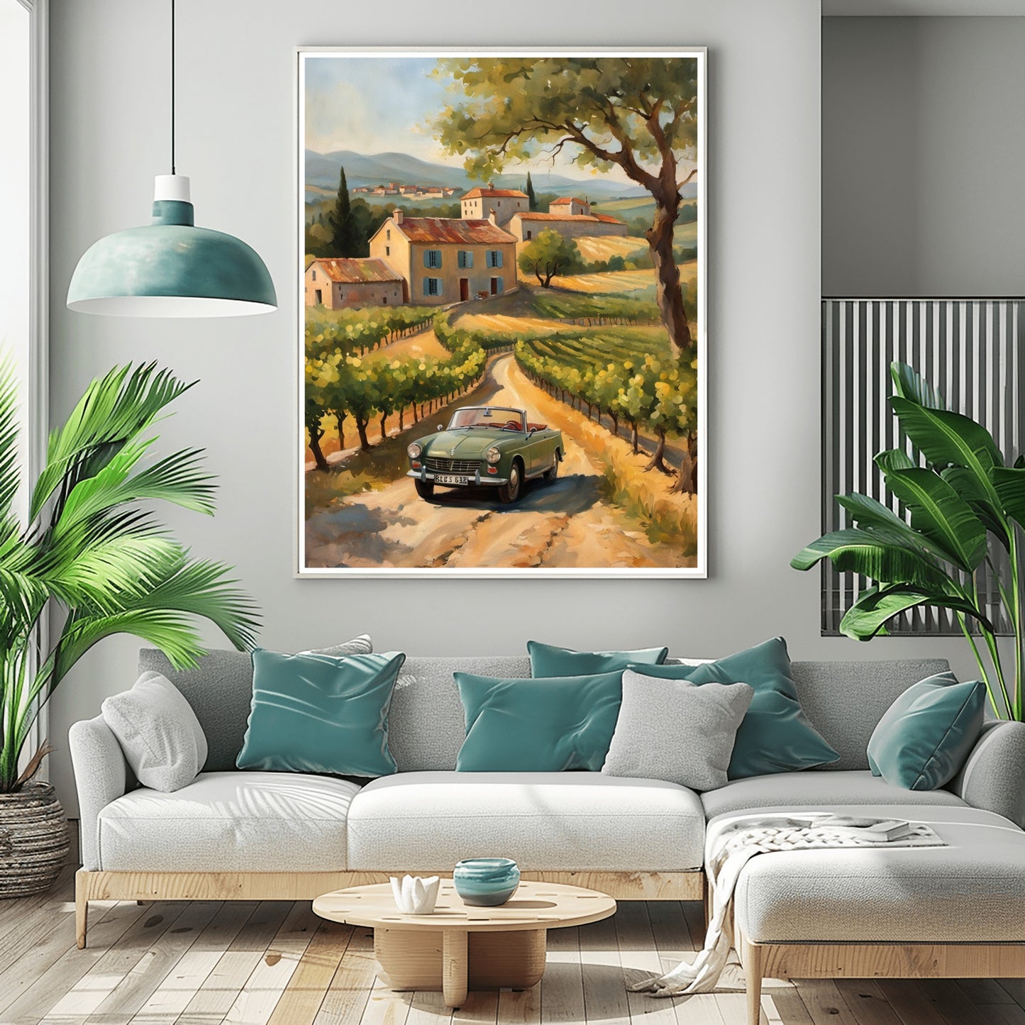 AquilVision digital print of a golden hour landscape painting of Tuscan villa vineyard and vintage car
