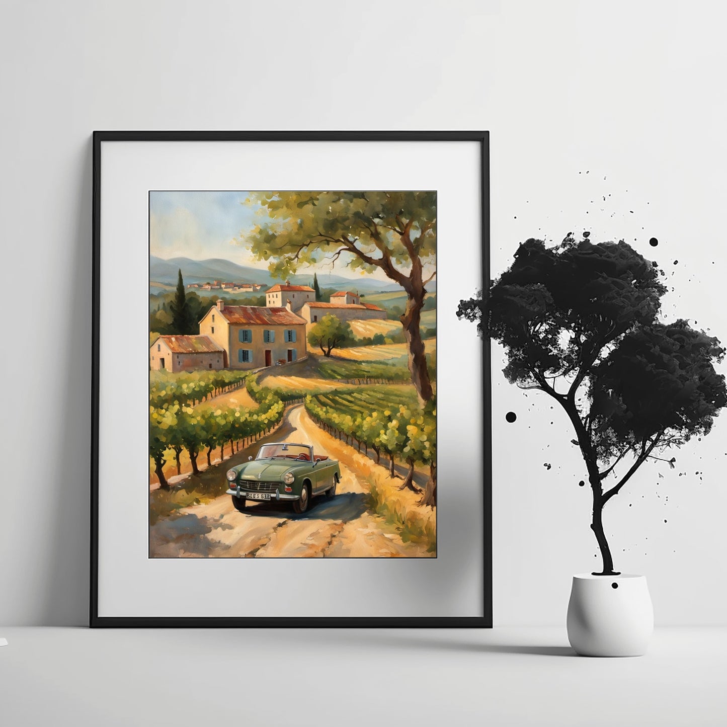 AquilVision digital golden hour landscape painting of a sunlit vineyard village with vintage car