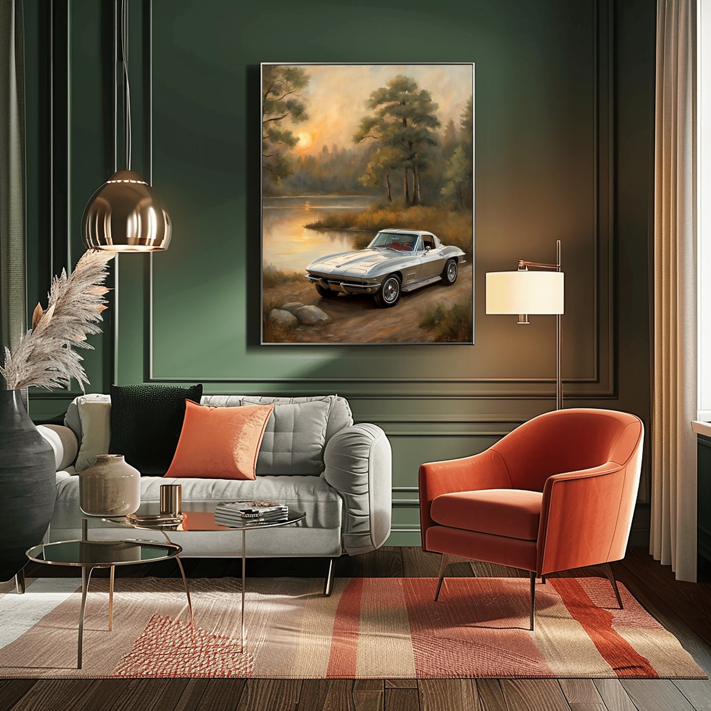AquilVision digital golden hour landscape wall art displayed in living room with vintage car by a lakeside
